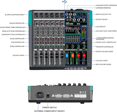 Miniatura 2 de Depusheng MX6 Mezclador de sonido de 6 canales Consola de mezcla de audio 48V 256DSP Profesional USB PC Play Record Podcast Live Broadcast (US MX6)