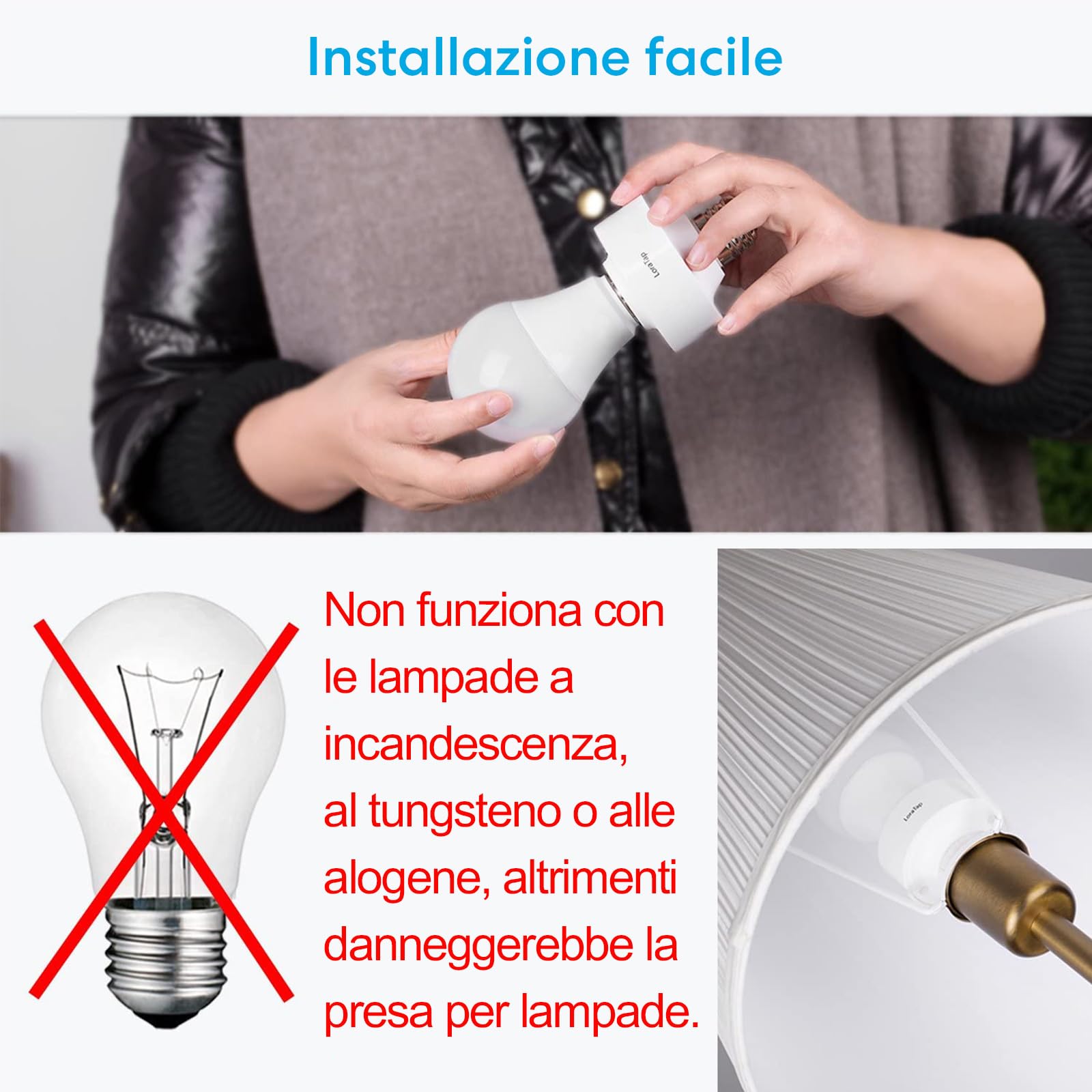 Paio Portalampada E27 Senza Fili, LoraTap 2pz Adattatore per Lampadina + Interruttore Remoto Portatile con Base Magnetica, Telecomando Fino a 200 Metri 230V, On Off Switch Wireless per Lampade