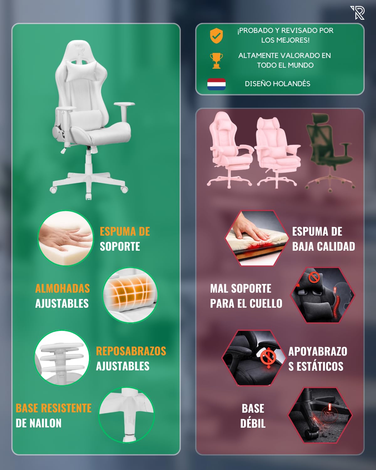 Felix Original Silla Gaming Ergonómica con Cojines Lumbar y Cervical, Reclinable, Reposabrazos 2D, Diseño Racing, Cuero Sintético Resistente, Ideal para Esports y Oficina, Blanco