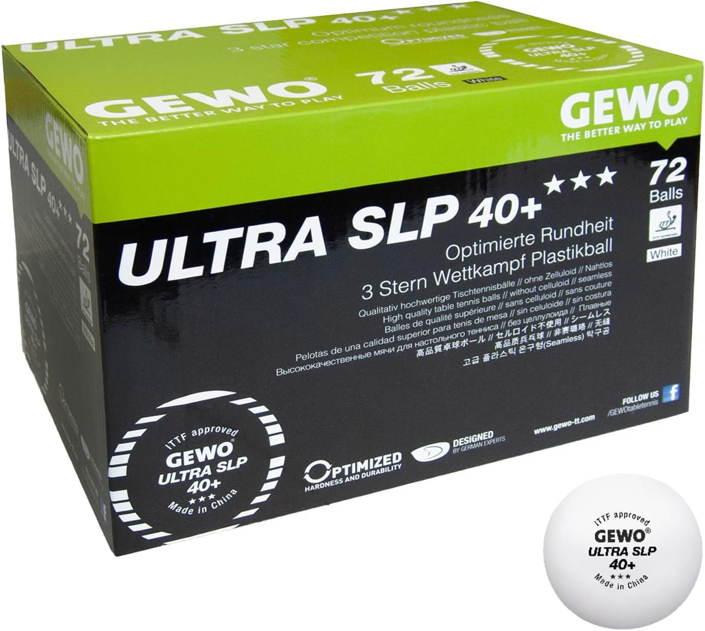 GEWO Ultra SLP Table Tennis Balls - 3 Star Table Tennis Ball Made of Plastic 40+ Without Seam - ITTF Certified Competition Balls Professional Table Tennis Balls White, 40 + mm Diameter
