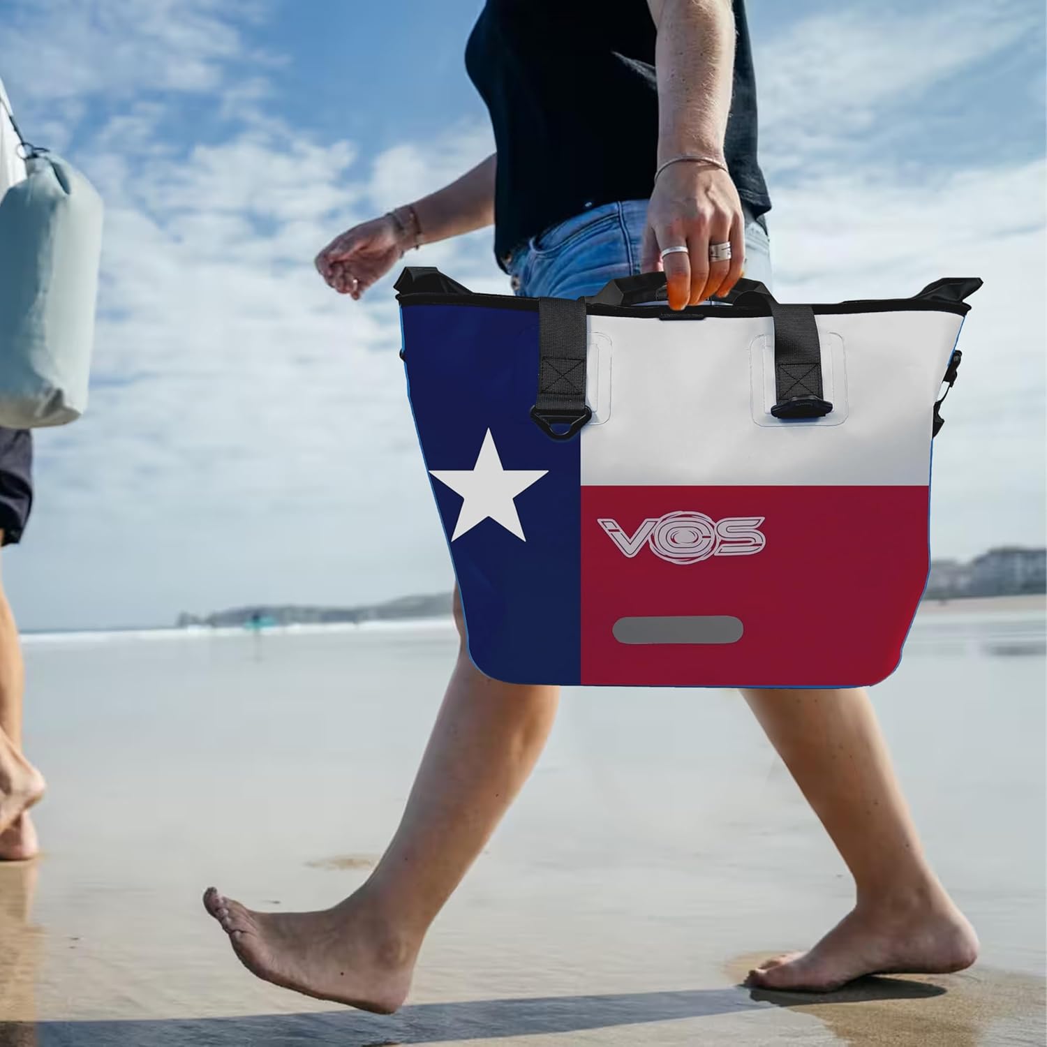 VOS Waterproof Premium Texas Dry Bag – All-purpose Tote Bag with Zip Pocket (Red, Blue, White) - Keep Your Gear & Personal Items Dry During Hiking, Camping, and Water Sports