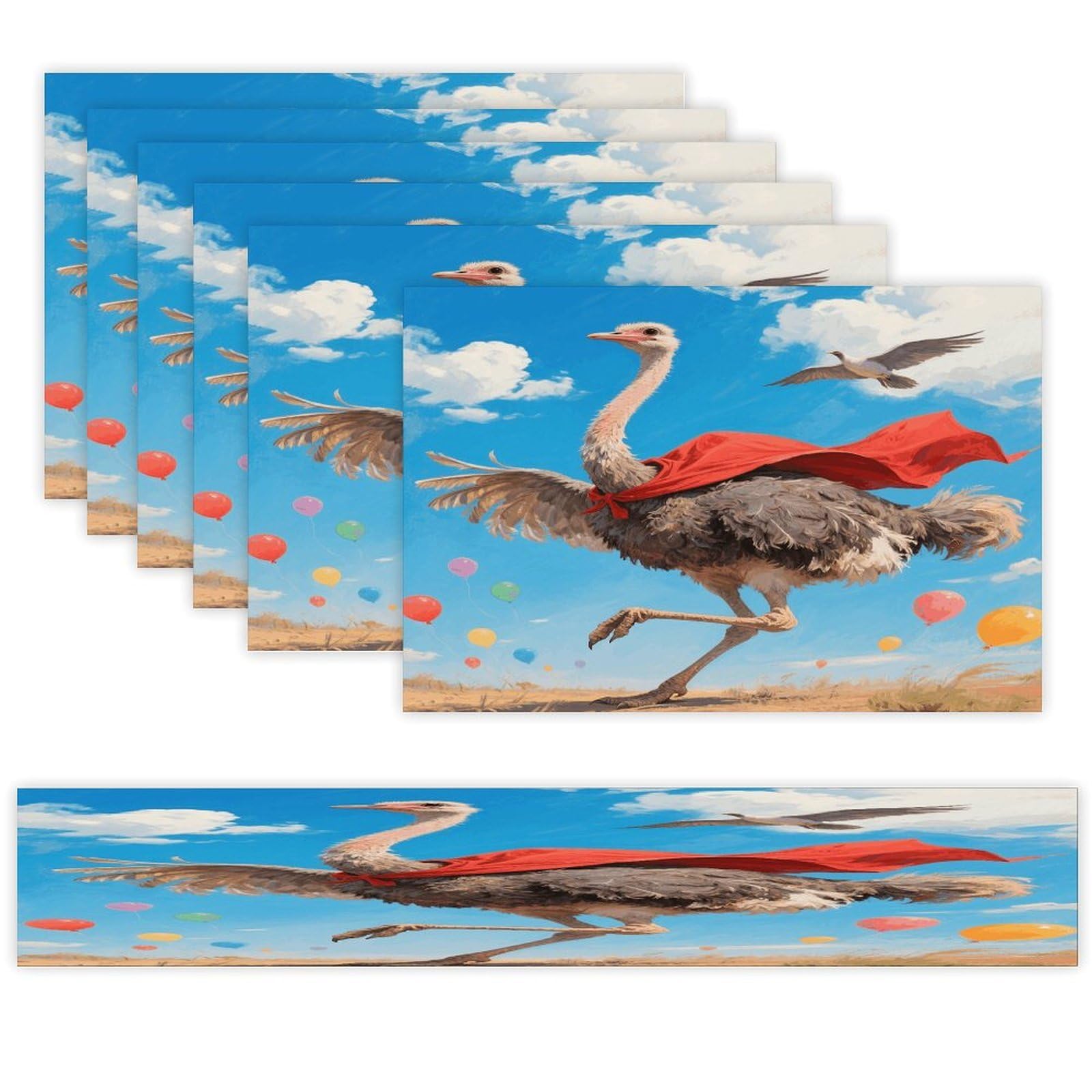 Ostrich Placemats Set of 7 Exquisite Linen Table Mat Seven Piece Set Includes 13"x71" Fashion Table Runner and 12"x18" Place Mat Decor for Kitchen Dining Room