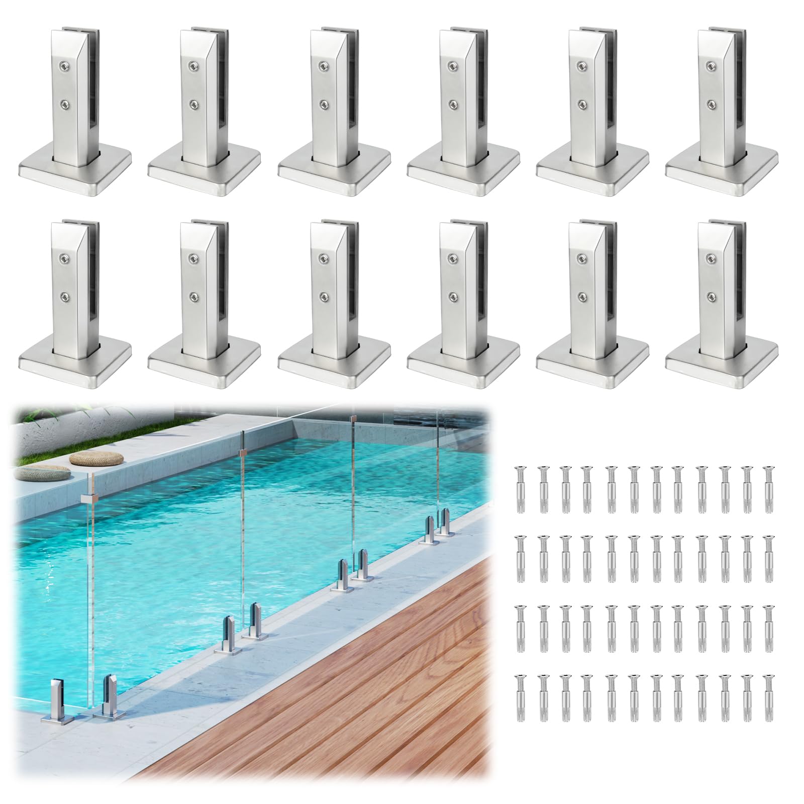 LukLoy Paquete de 12 espigas de barandilla de vidrio de acero inoxidable T304, acabado cepillado, sistema de barandilla de vidrio, diseño sin taladrar para piscina, cubierta, escalera, balaustrada
