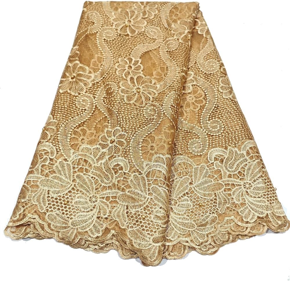 LadyQ Bridal French Tulle Lace Fabric Nigerian Lace Swiss Guipure Lace Materials African Materials for Wedding 2023 854LD (Gold)