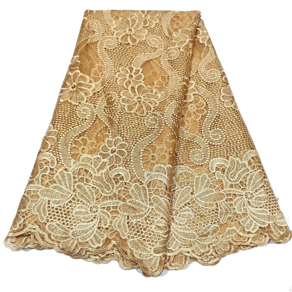 LadyQ Bridal French Tulle Lace Fabric Nigerian Lace Swiss Guipure Lace Materials African Materials for Wedding 2023 854LD (Gold)