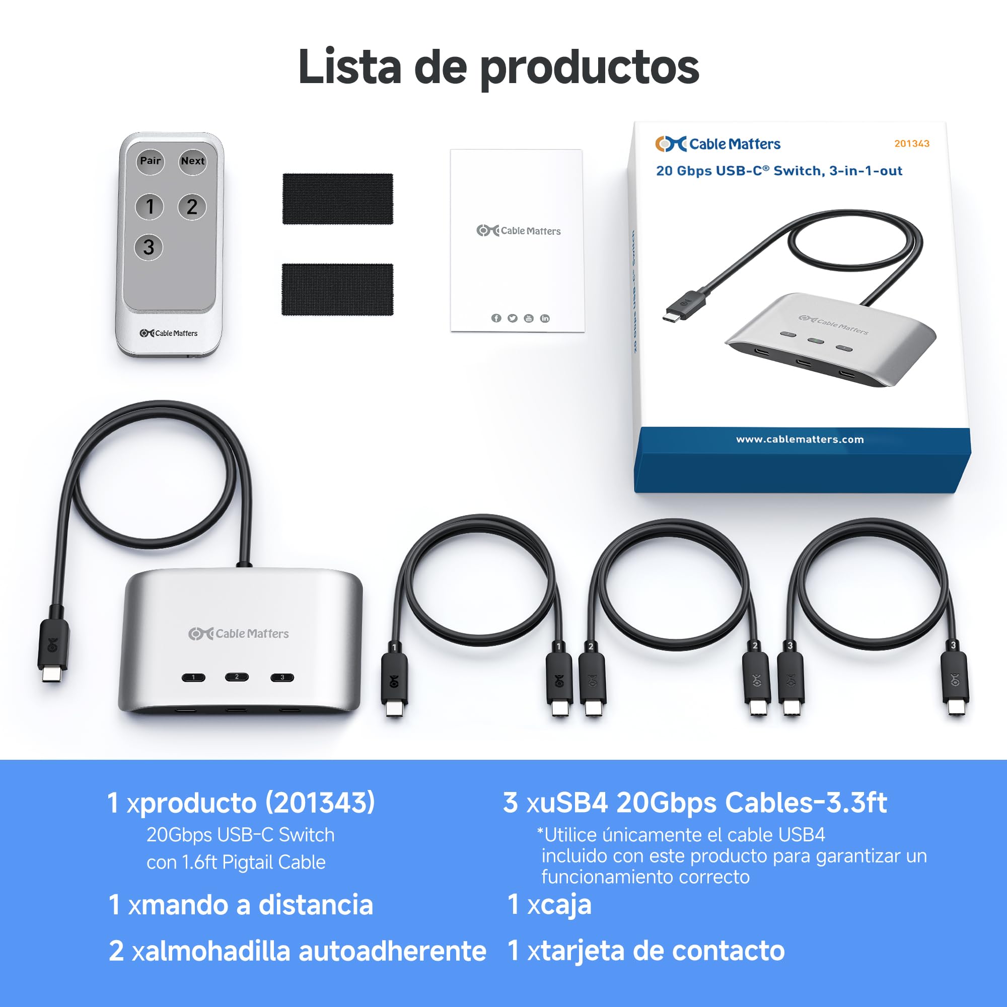 Cable Matters Conmutador USB C de 20 Gbps, 3 entradas y 1 salida, compatible con hasta 8K a 30 Hz en Windows, 4K a 60 Hz en macOS, 140 W PD, para compartir un monitor o base USB-C/Thunderbolt 4