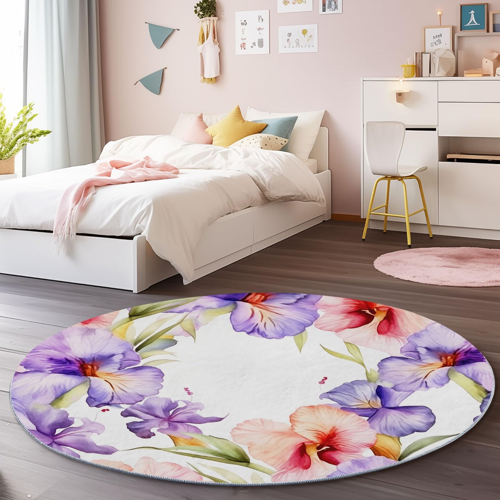 Tapis rond pour chambre et salon motif aquarelle colibri décoration d'intérieur cocooning