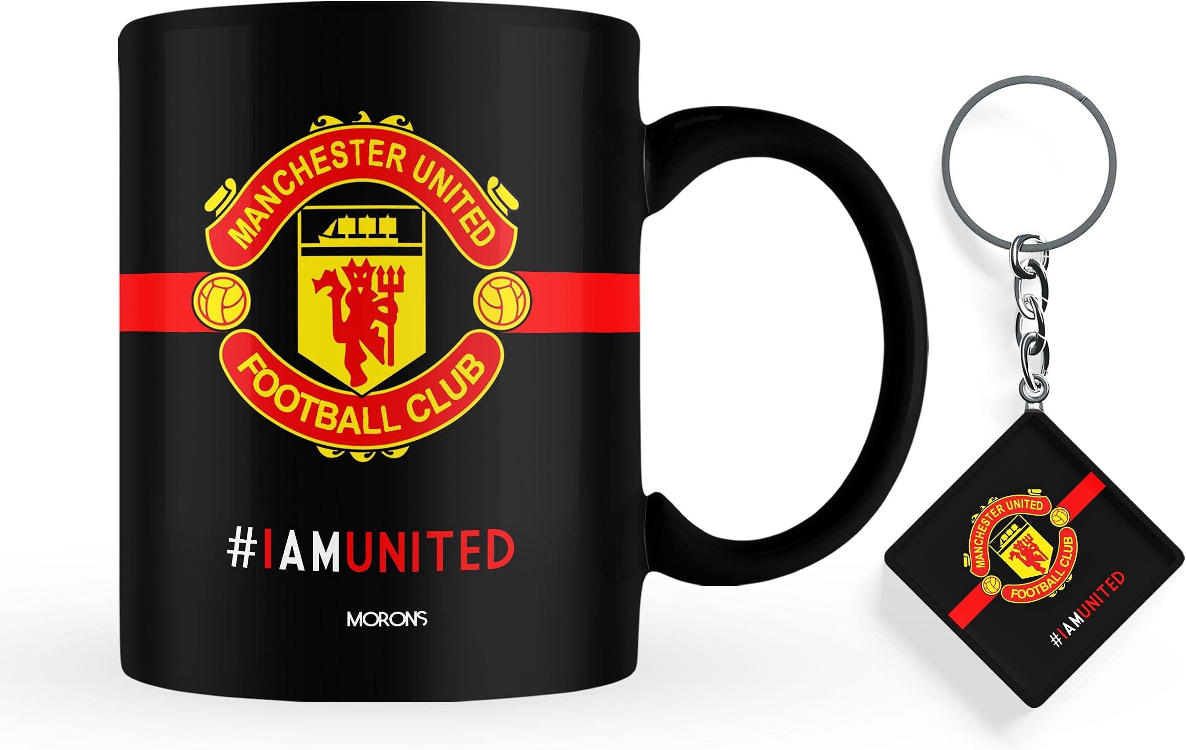 Morons (A Brand Owned By Jbn Printstop) I Am United - Black Coffee Mug Merchandise, Football Club Printed Coffee Mug & Keychain Gift Set [330 Ml, Ceramic; Black]
