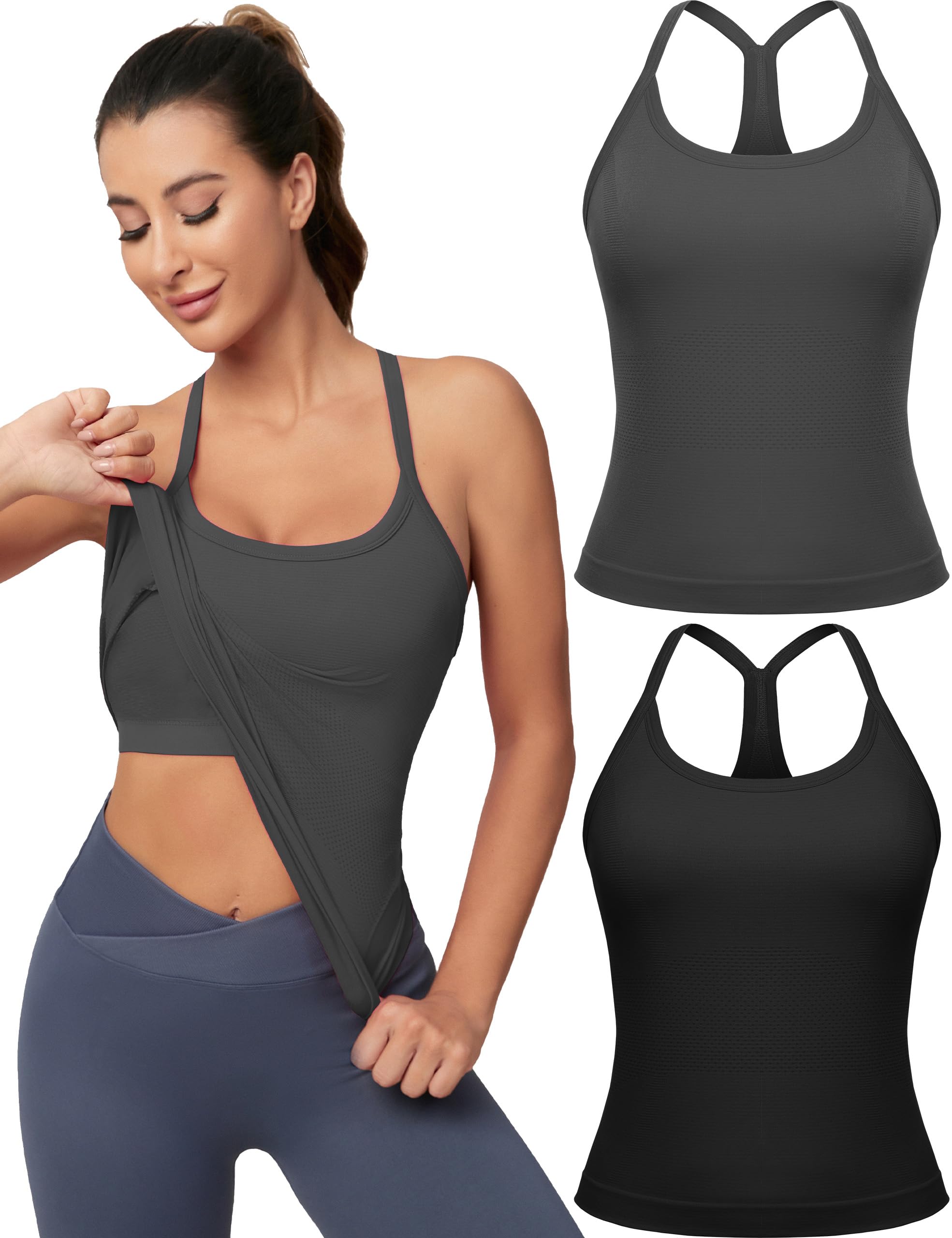MathCat Workout Tank Tops for Women with Built in Bra, Sleeveless Gym Tops Seamless Racerback Athletic Yoga Shirts 2 Pack