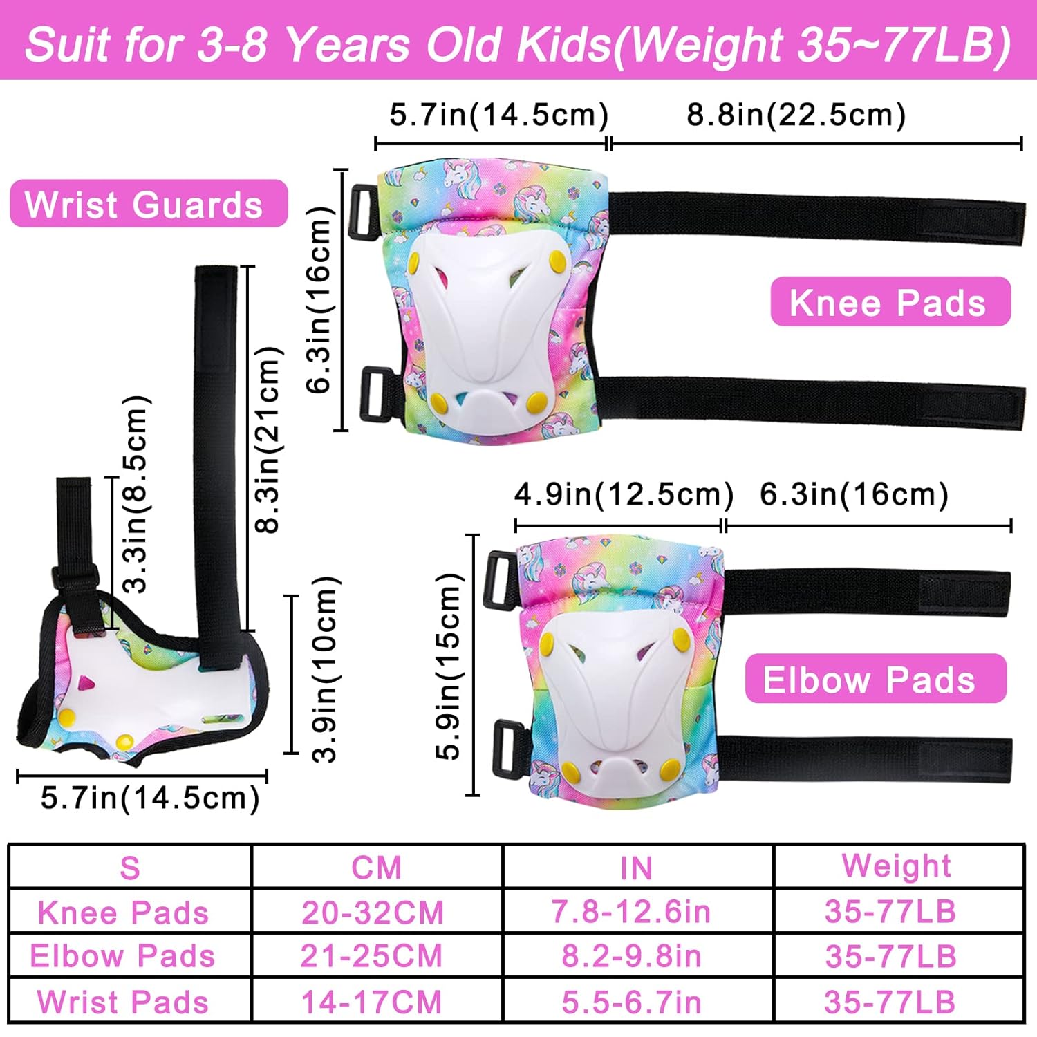 Kids Knee Pads and Elbow Pads Set, Fancy Daisy Unicorn Protective Gear Set with Drawstring Bag Wrist Guards for Roller Skating, Skateboarding, Ice Skates, Cycling, Bike, Scooter, 3-8 Years Girls Boys, Rainbow : Industrial & Scientific