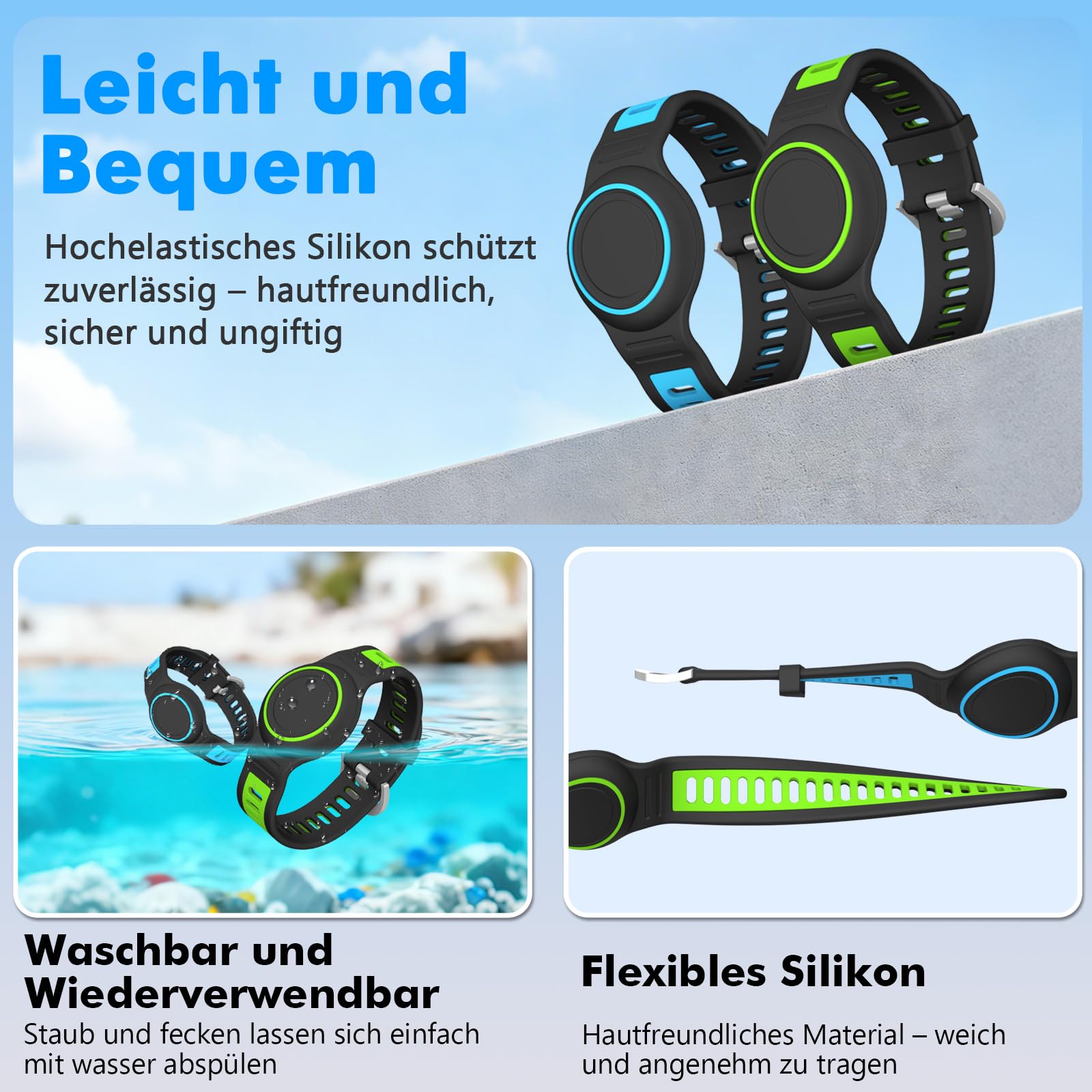 Cinturino in silicone compatibile con Apple AirTag 1° e 2° generazione, impermeabile e resistente agli urti, protezione a 360°. Include bracciali, coperture in silicone e istruzioni, accessori pratici
