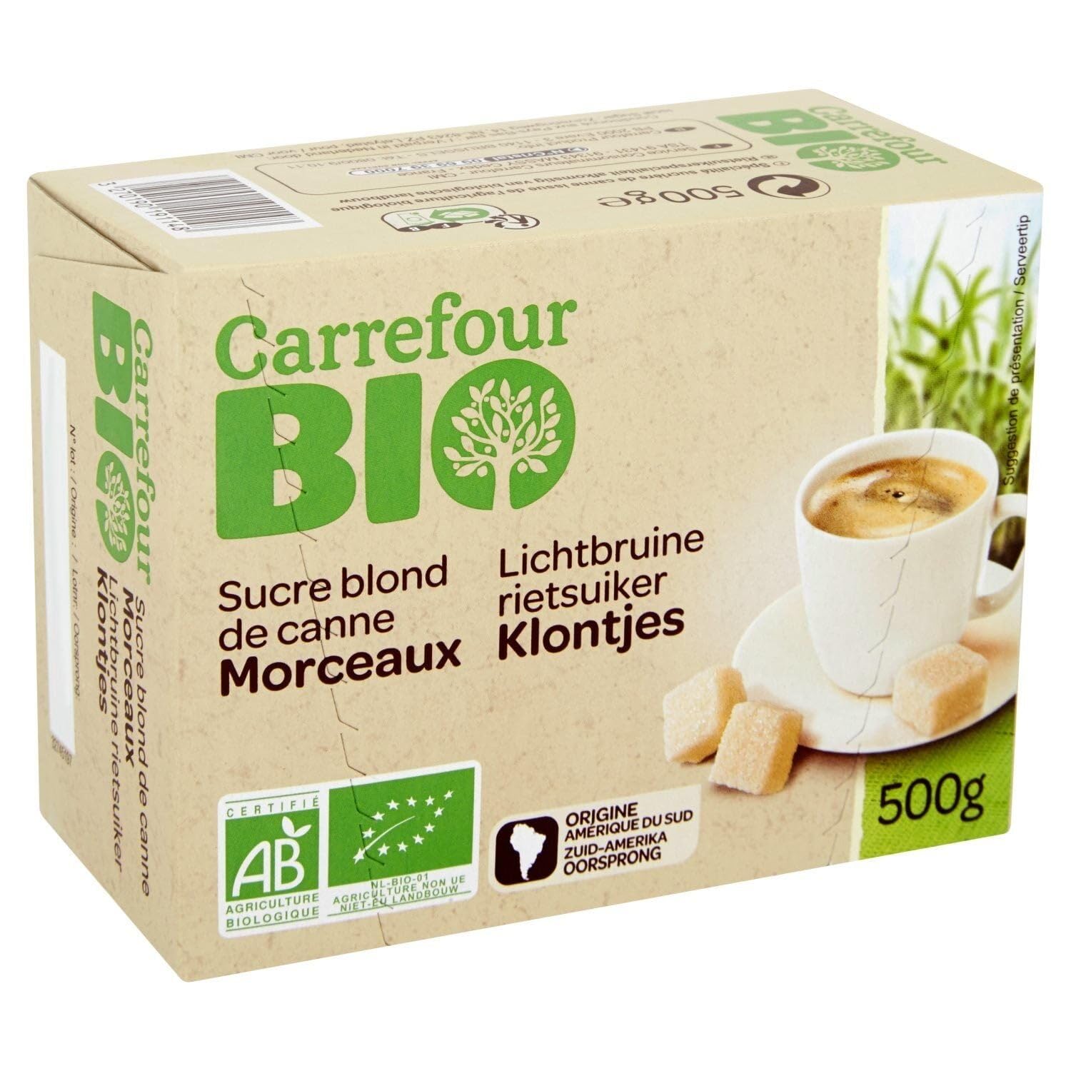 CARREFOUR BIO Sucre Blond de Canne Morceaux Bio — Spécialité sucrière artisanale d'Amérique du Sud, 500 g - Lot de 4