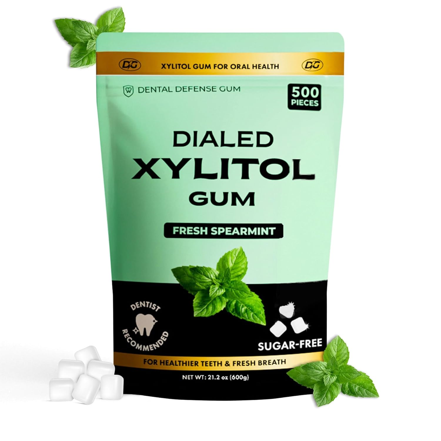 Dialed Xylitol Gum (500 Pieces) | 100% Xylitol | Healthy Dental Gum to Protect Teeth | Aspartame Free | Sugar Free, Gluten-Free, Vegan | Natural Spearmint Flavor
