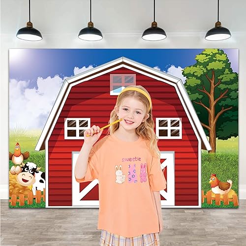Miniatura 2 de Telón de fondo de fotografía de granja de dibujos animados de 7 x 5 pies, animales rojos, rústico, granero rojo, fondo para fotos de granero rojo