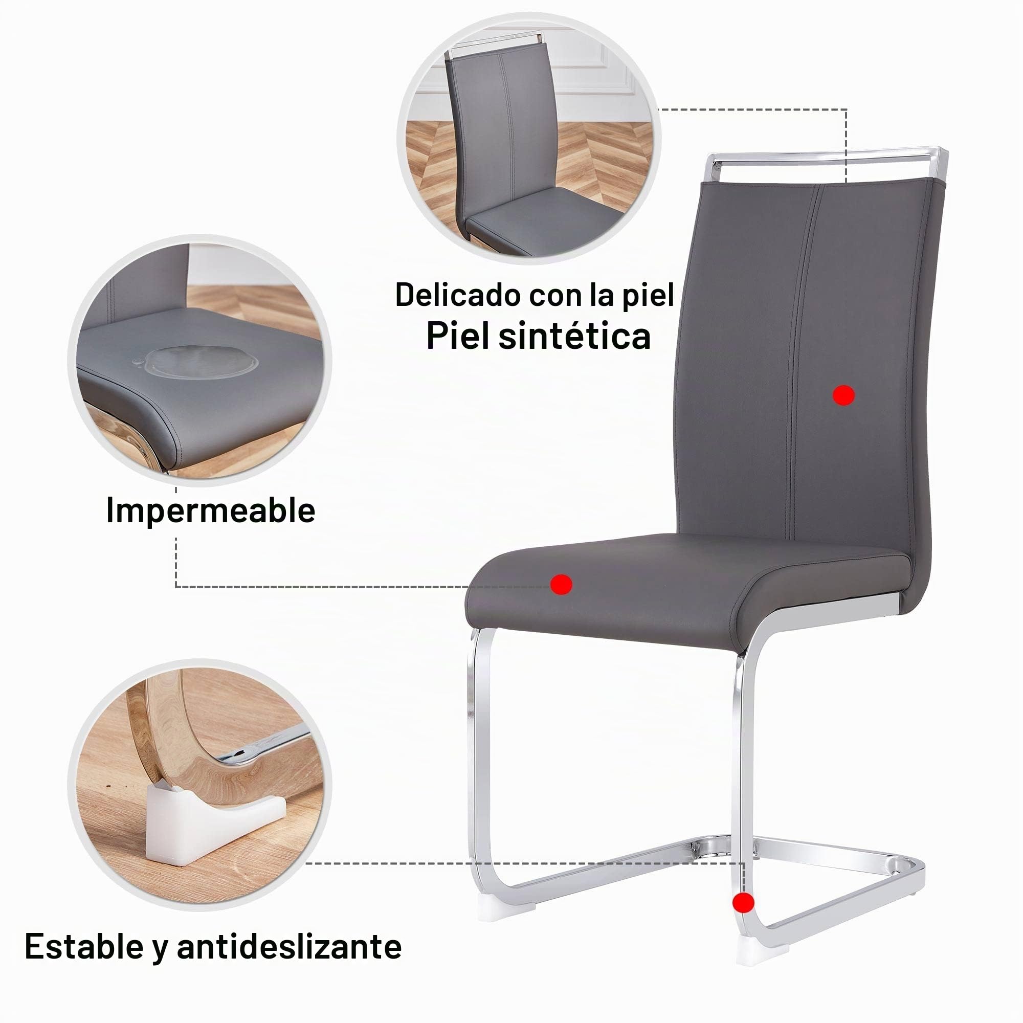 Merax Juego de 4 sillas de Comedor con Piel sintética de Poliuretano y Respaldo Alto, Estructura de Metal Cromado, Silla de Cocina Moderna, Silla tapizada para salón, Sala de conferencias, Gris