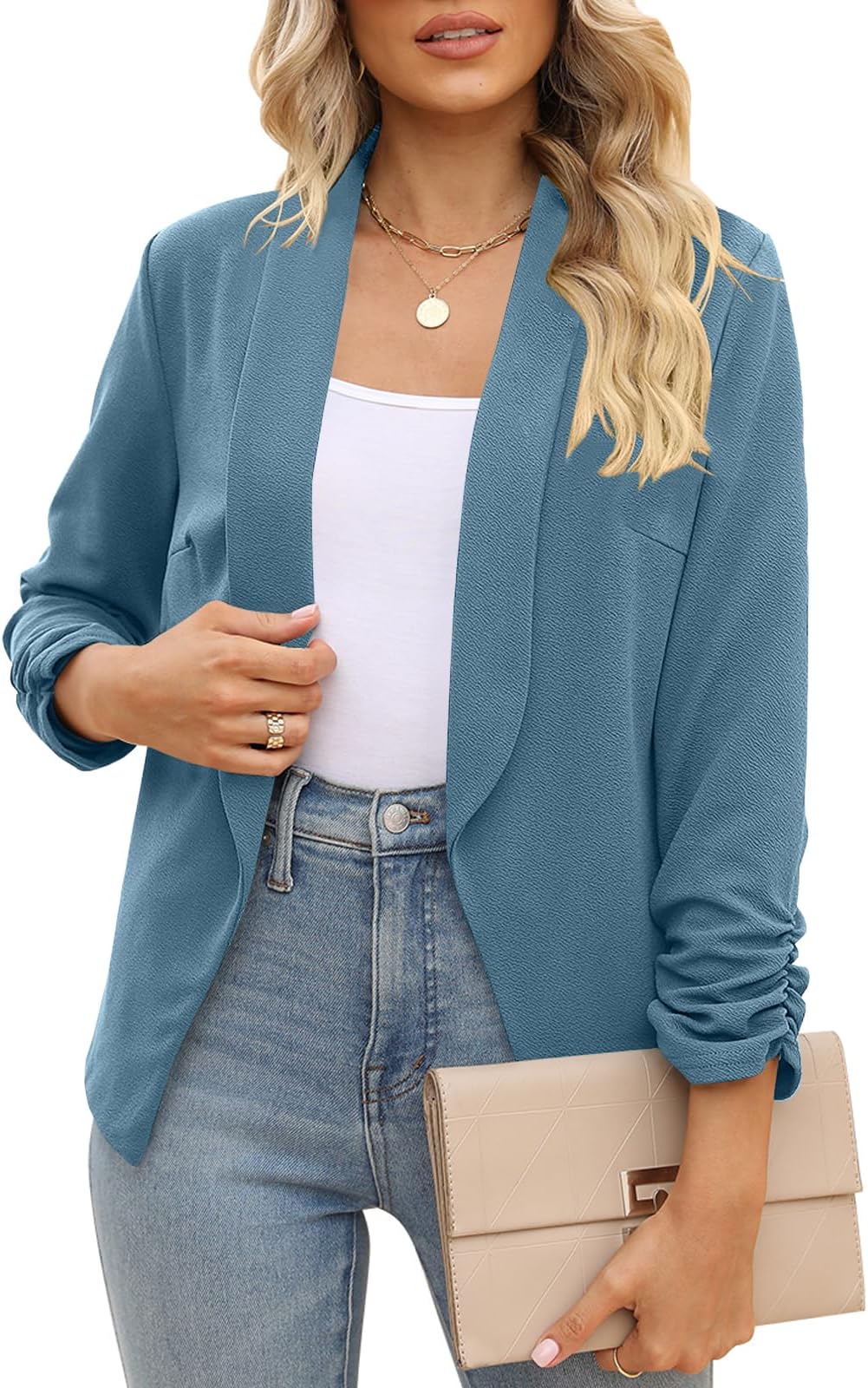 Women 3/4 Sleeve Blazer Open Front Cardigan Jacket Work Office Blazer