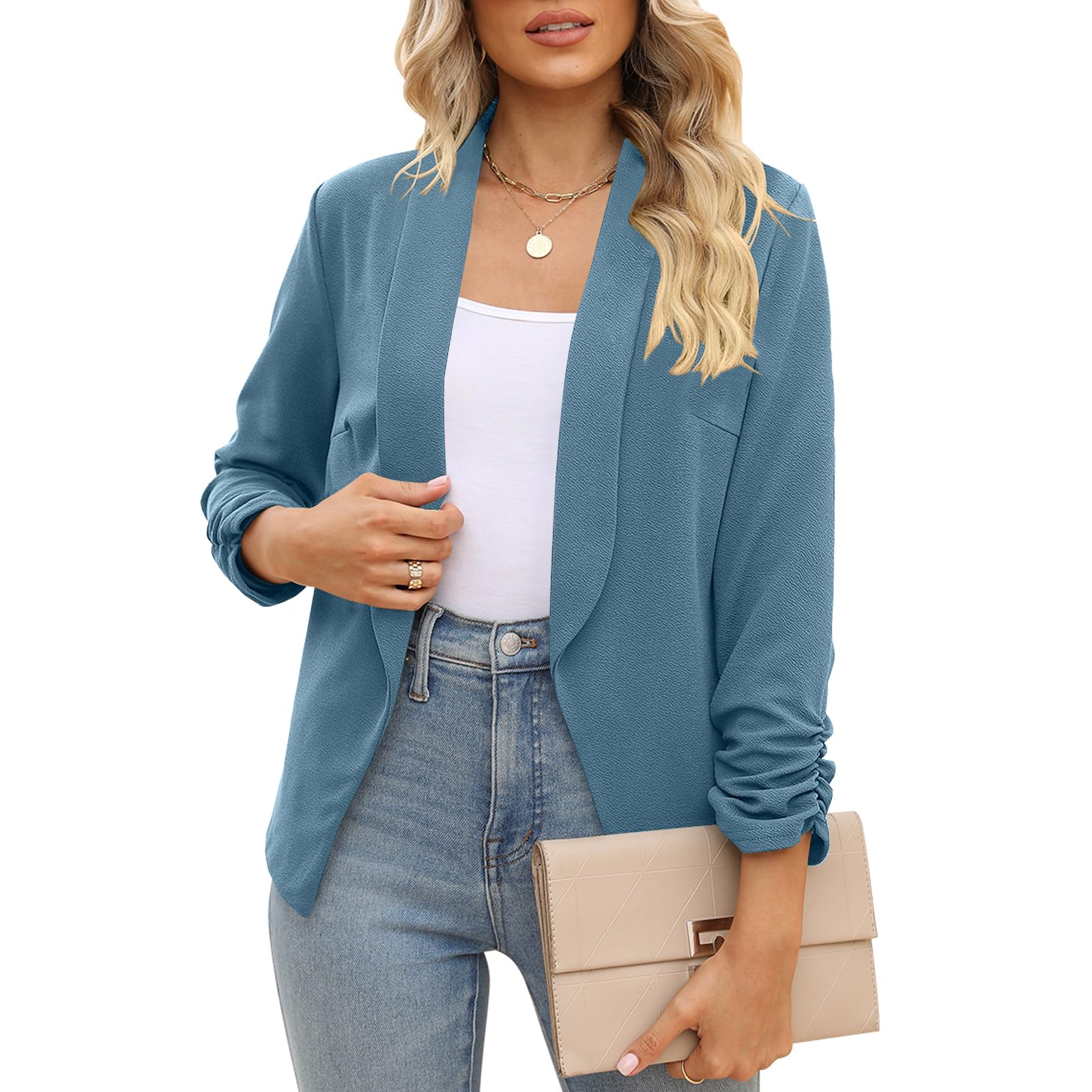POGTMM Women 3/4 Sleeve Blazer Open Front Cardigan Jacket Work Office Blazer