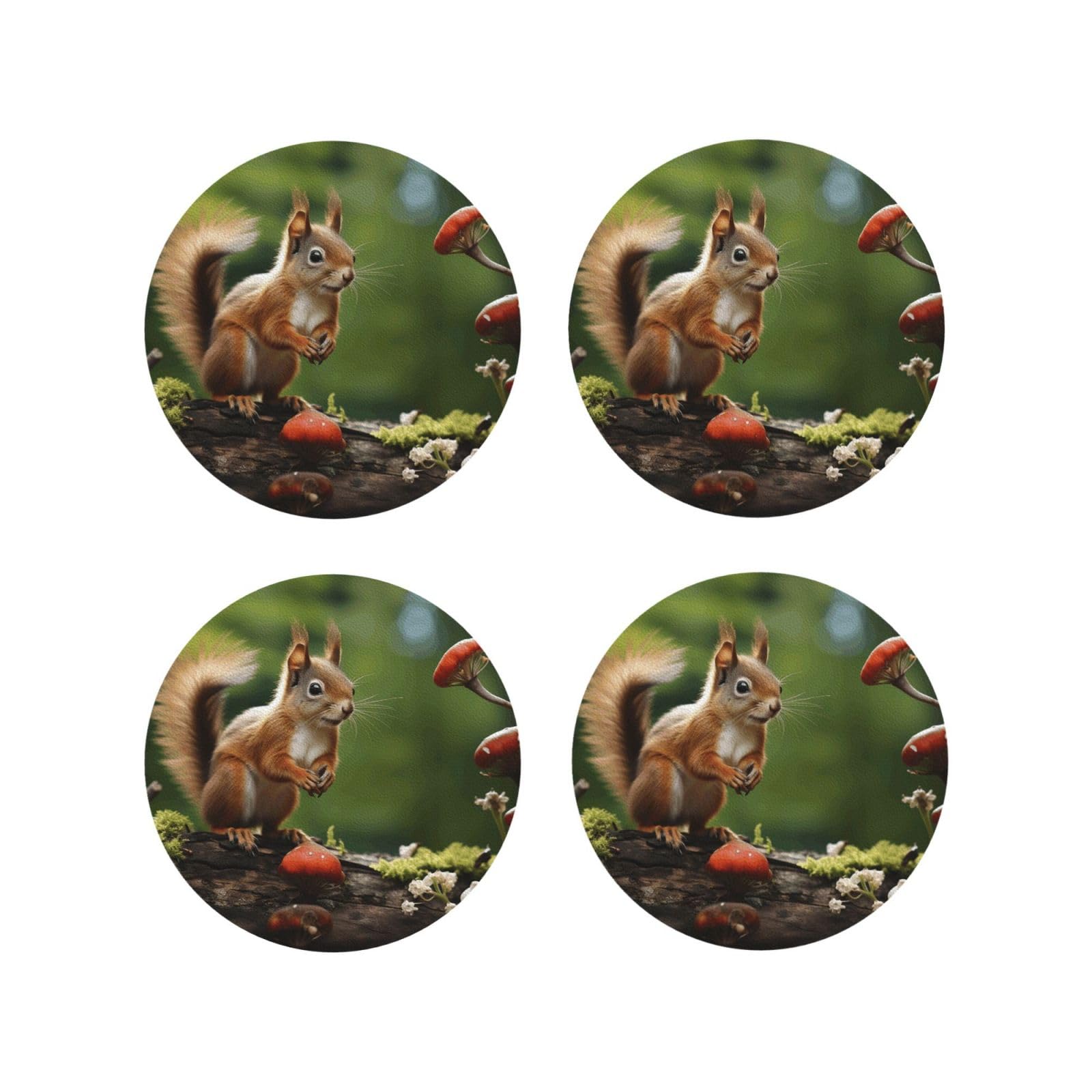 4Pcs PU Leather Coaster for Drinks, Red Squirrel on Small Green ​Hill Cup Coastersr 4" Cup Mat Pad, Aesthetic Drink Coasters for Coffee Table, Round Shape Coaster for Tabletop Protection