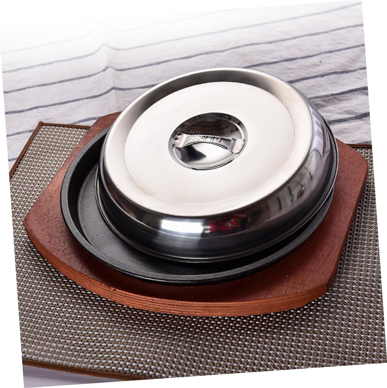 1Set Cast Iron Bbq Plate with Board Lid Grill Pan for Indoor Outdoor Cooking Catering Supplies for Steak Fajitas