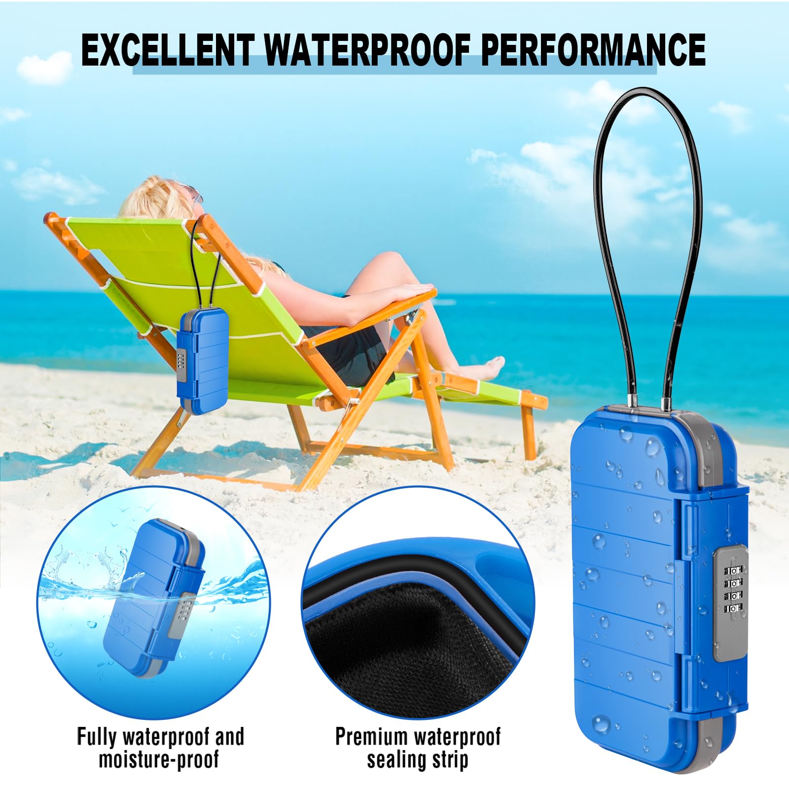 HUANLANG Tragbarer Safe Lock Box mit Zahlenschloss, Mini-Strand, Reisesafe, wasserdicht, klein, abschließbar, mit abnehmbarem Drahtseil, Kombinationssafe für Wohnheim, Reisen, Strand, Zuhause, Büro