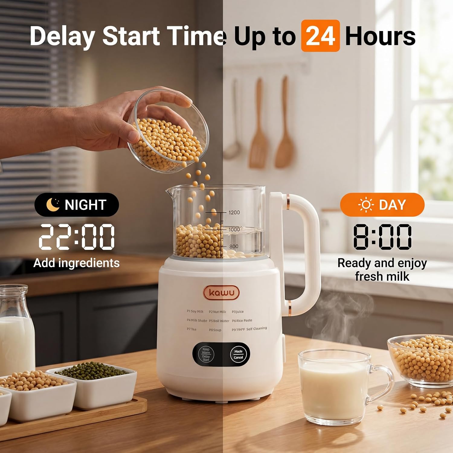 Kawu 9 in 1 Nut Milk Maker Machine with Silent Shield, 41oz/24H Delay Start