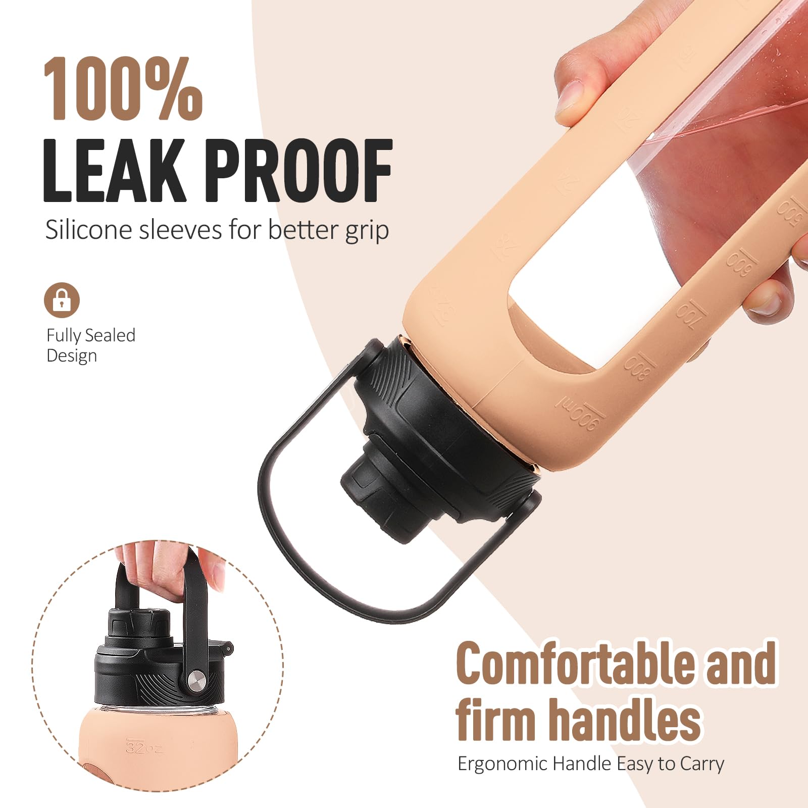 BLUEGO Borraccia Vetro 900ml con 2 Coperchi e Cannuccia, Sportiva Bottiglia d'Acqua con Custodia in Silicone e Indicatori di Tempo, Senza BPA, Colore