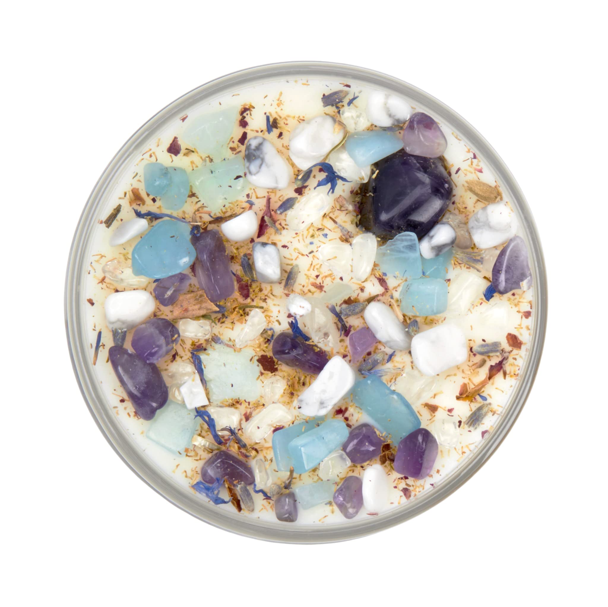 Lavender Chamomile Candle by New Moon Beginnings - Calming Energy Candle - Crystal candle & Herb Candle - Aromatherapy Candle - Essential Oil Candle (12 Ounce Round Glass)