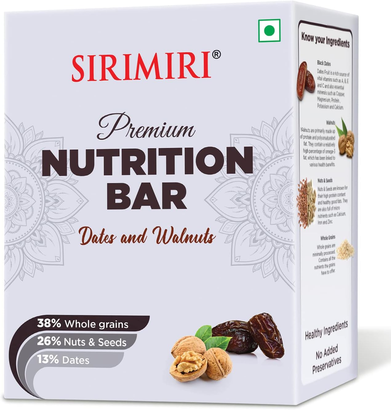 SIRIMIRI Nutrition Bar - Dates & Walnuts - Pack of 6 (Each 40 gm) ( with Clove Essence as Flavour)
