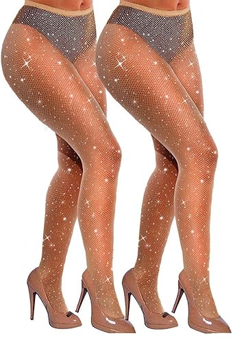 VEBZIN Sexy Sparkly Fishnets Stockings Jeweled High Waist Fishnet Tights for Women Rhinestone Party Pantyhose - One Size - Nude 2 Pack
