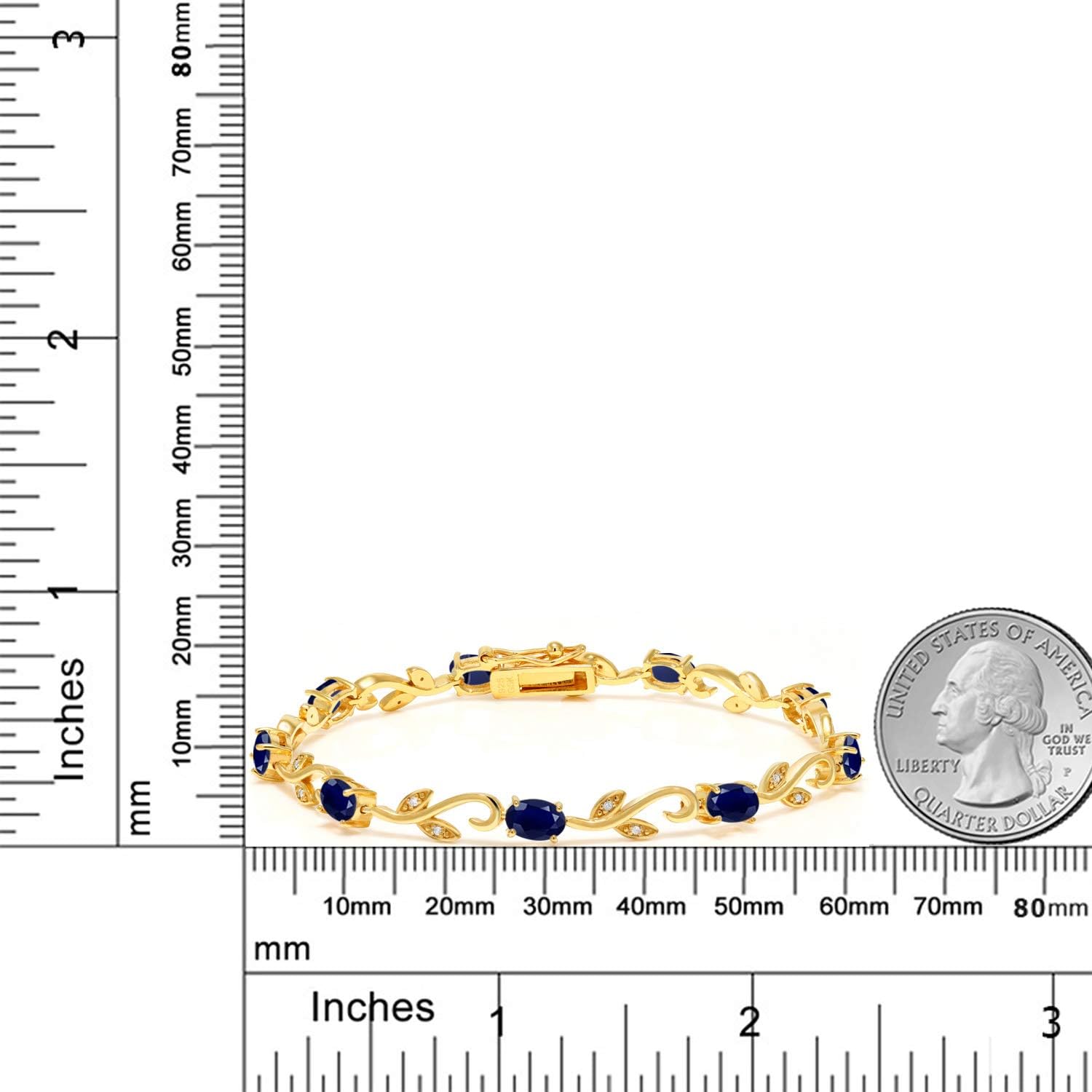 Gem Stone King 5.08 Cttw 18K Yellow Gold Plated Silver Oval Sapphire and Diamond Greek Vine 7 Inch Tennis Bracelet for Women | Gemstone Birthstone | Oval 6X4MM