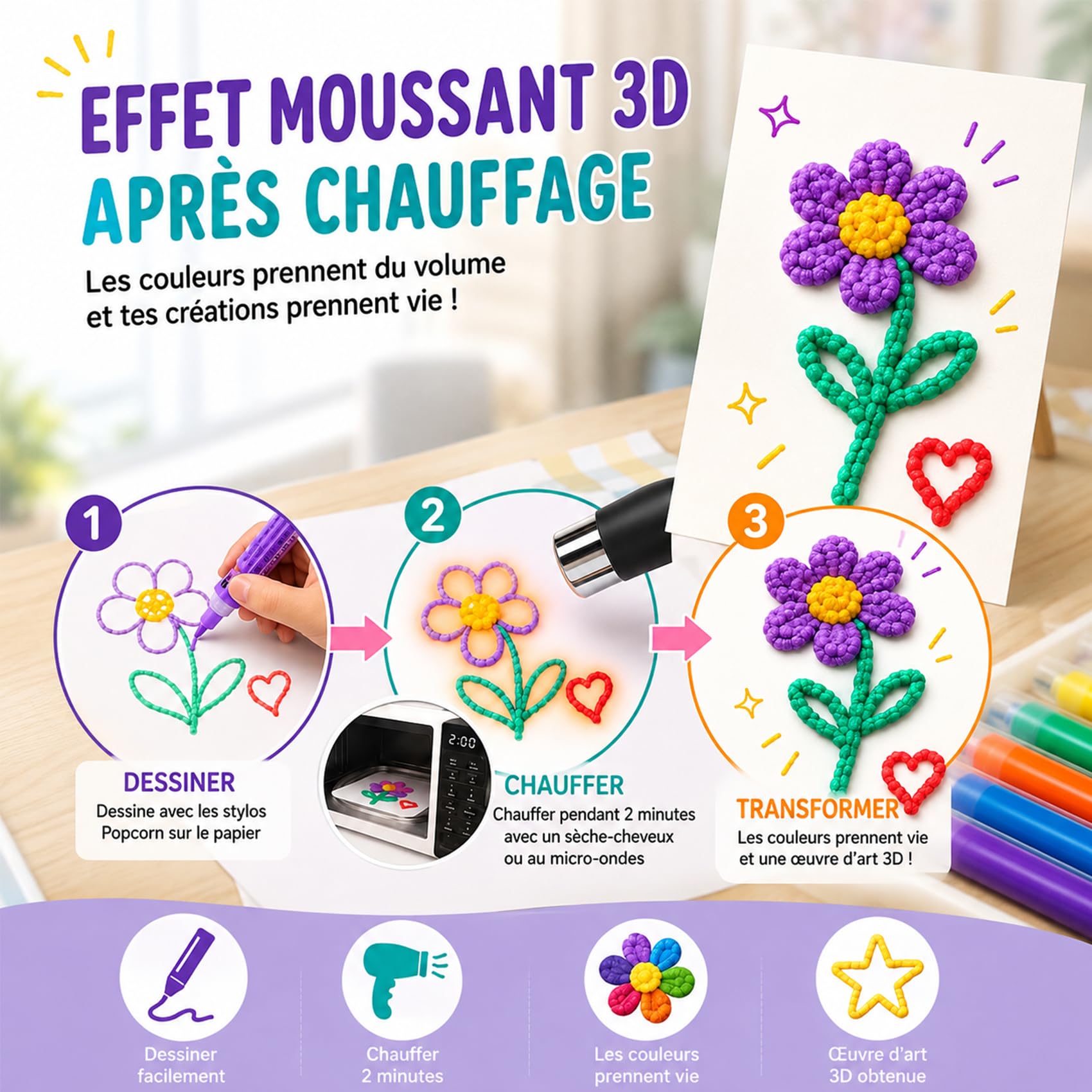 Popcorn Pens, Pack De 6/12 3D Bubble Pen,2027 Nouveau Stylo Pop Corn, Marqueurs CréAtifs Pour Les Cartes Et Dessins DéCoratifs (6 articles*4)