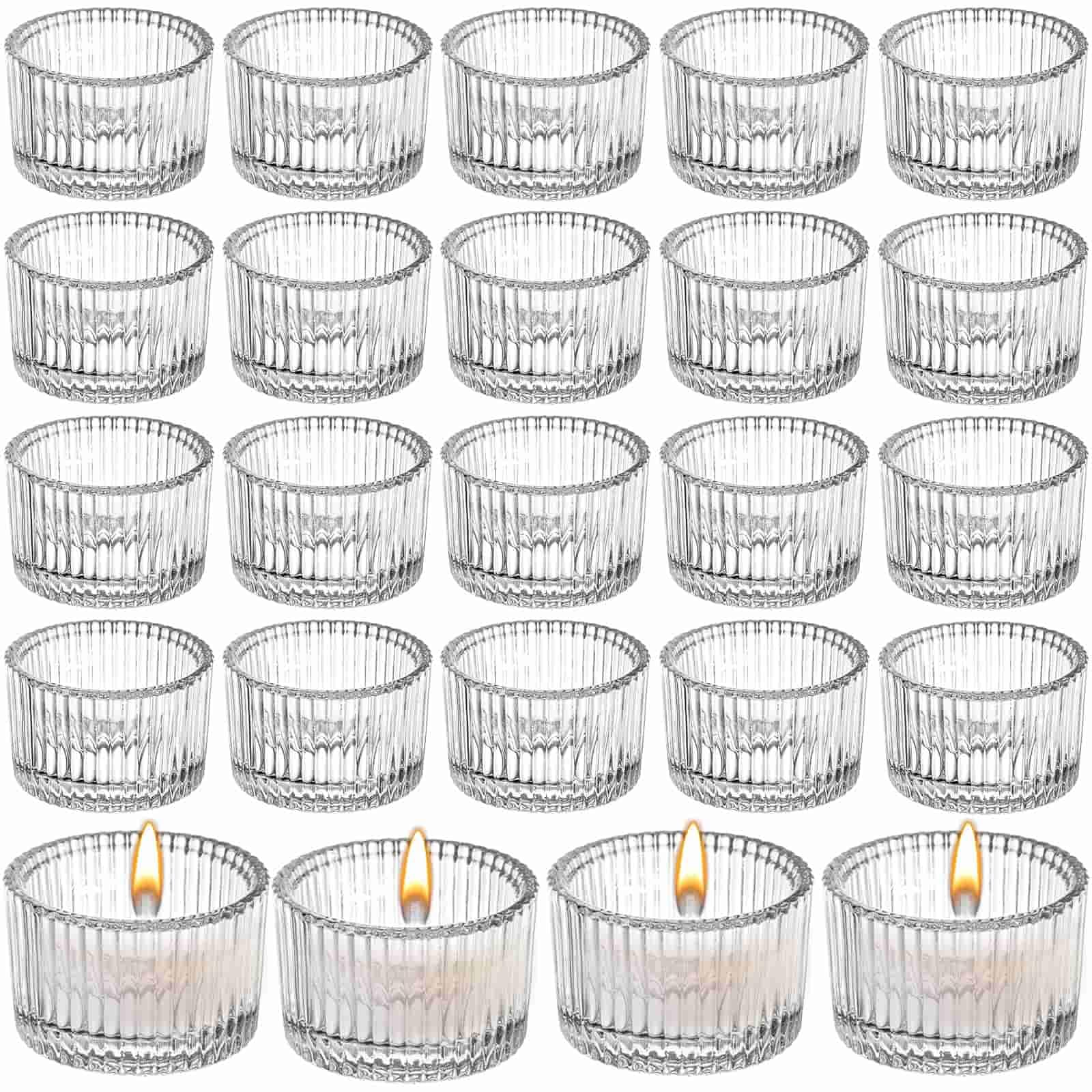 Dyuee Clear Ribbed Glass Tea Light Candle Holders 24Pcs Elegant Votive Tealight Holders 5.5Cm X 3.5Cm Vintage Candle Holder Tea Light Holder For Weddings, Parties, Home Decor, Christmas & Restaurants (24)