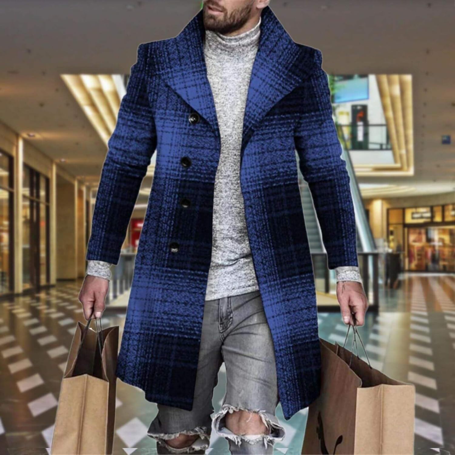 Men's Plaid Long Trench Coat Mid - Length Lapel Collar Button Down Warm Overcoat for Winter & Autumn Fashion - Image 2