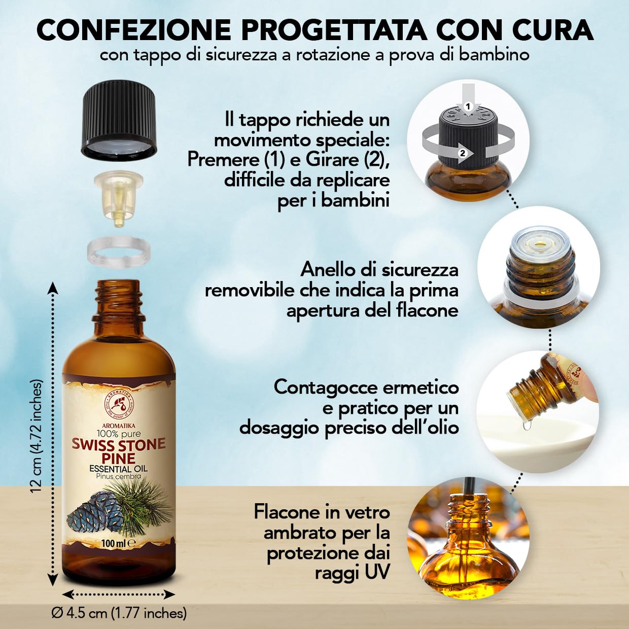 Olio Essenziale di Pino Svizzero 100 ml - Pinus Cembra - Svizzera - 100% Puro & Naturale - Aroma di Conifere - Olio Essenziale di Pino Cembro per Diffusori - Aromaterapia