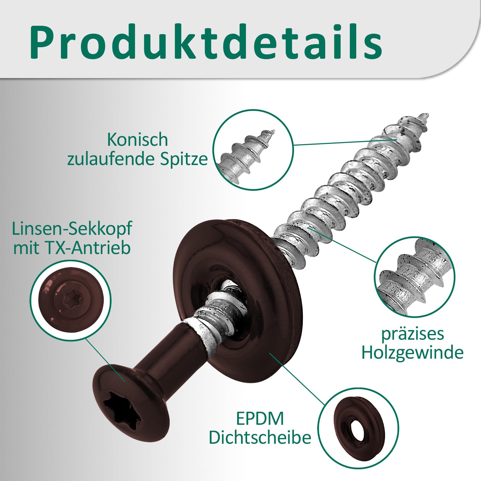 DSM | Zestaw 100 śrub szczelnych brąz sepii 4,5 x 25 mm | Stal szlachetna A2 – Lakier RAL 8014 | Z podkładką uszczelniającą EPDM (15 mm) | Napęd TX | Zgodne z normą DIN 7995 / DIN 9171 |