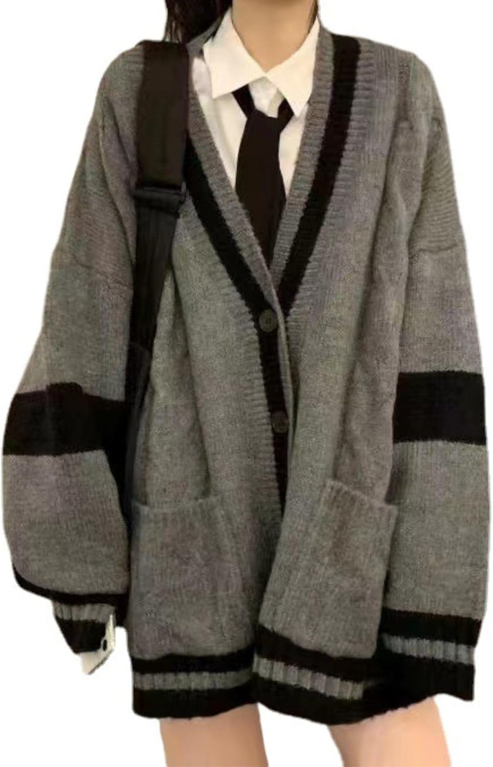 FindThy Women’s V-Neck Cardigan Sweater Preppy Vintage Oversized Long Sleeve Color Block Knit Jacket Coat