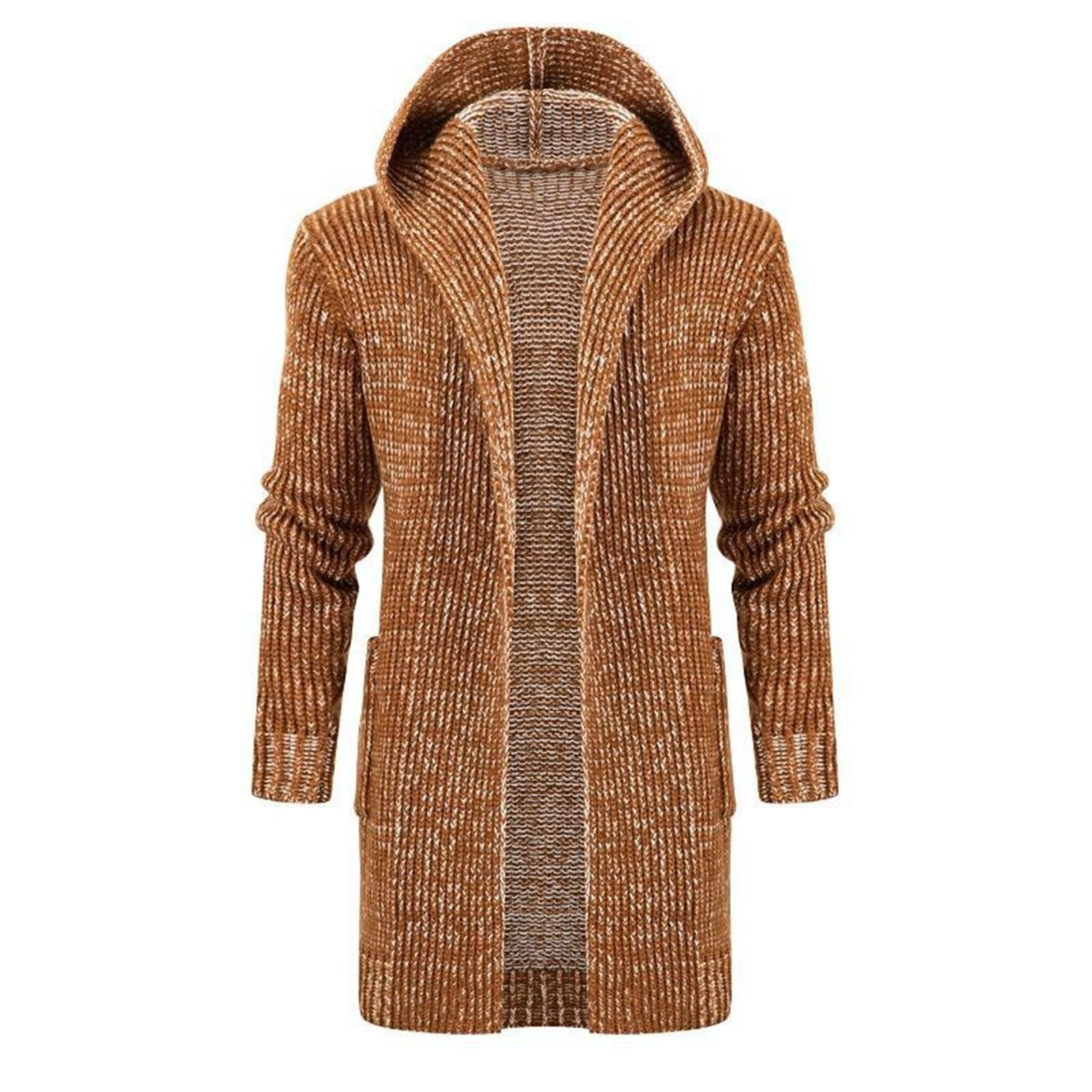 Cardigan da uomo in cotone, lungo, a maglia grossa, elegante, tinta unita, con cappuccio, con bottoni, per l'inverno
