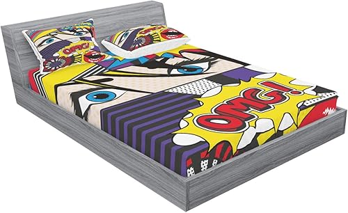 Miniatura 2 de Ambesonne Juego de sábanas bajeras y fundas de almohada, estilo inspirado en cómics, Wooow OMG con paneles de lectura, líneas de impresión de acción