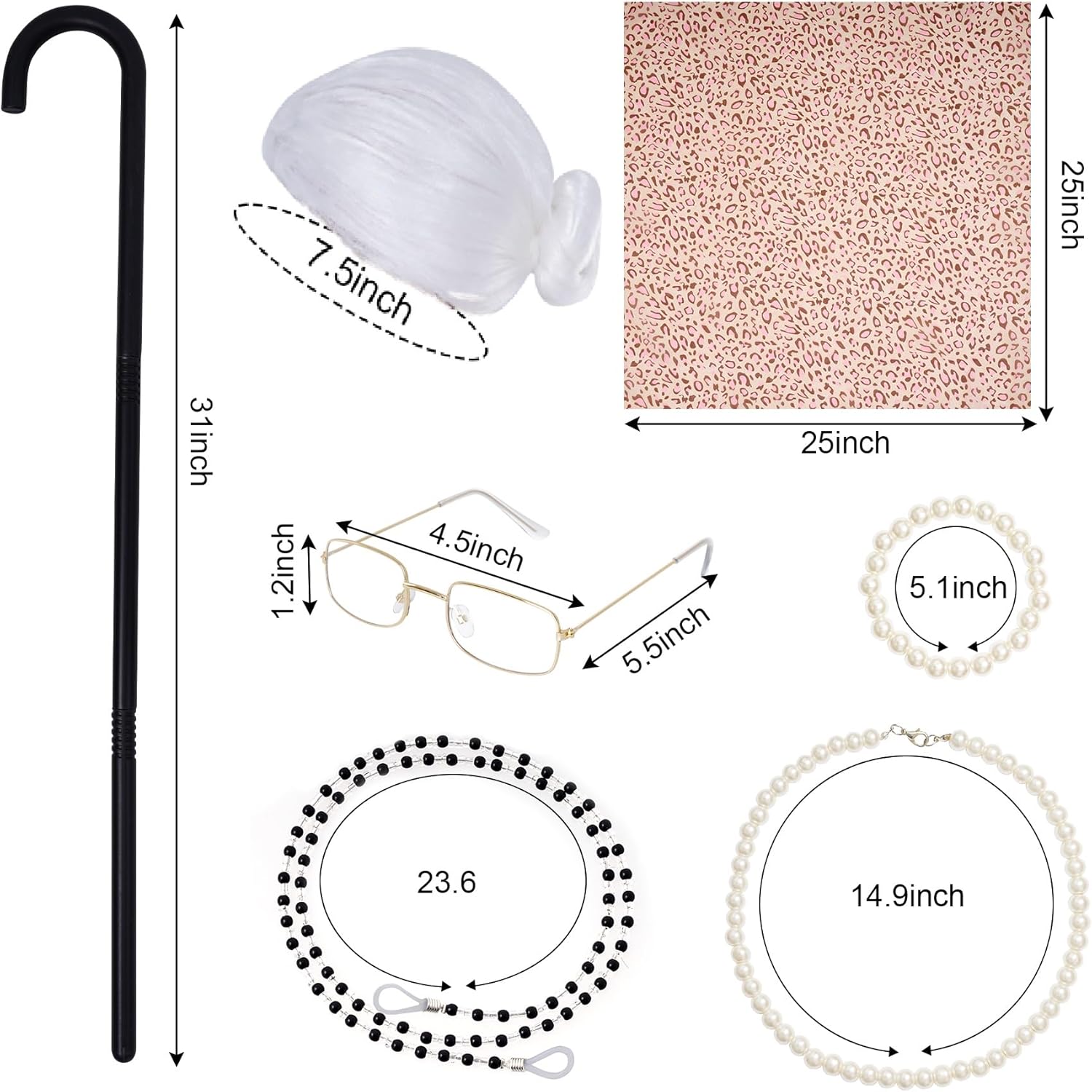 10Pcs Old Lady Costume 100 Days of School Wig Glasses Necklace Earrings Kerchief Stockings Cane for Halloween