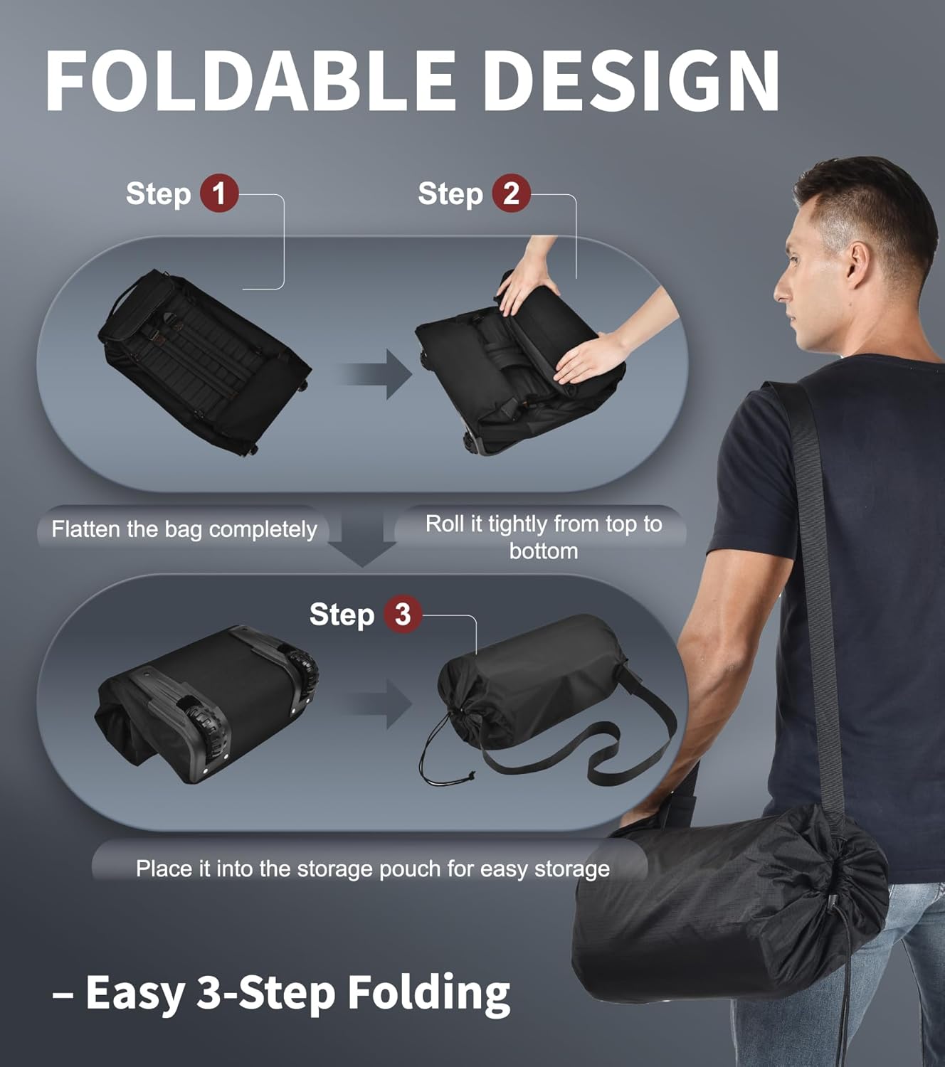 Rolling Duffle Bag with Wheels - 86L Extra Large Travel Duffel, Foldable & Waterproof Checked Luggage for Men, Camping, Sports, Long Trips (Black) - Image 3