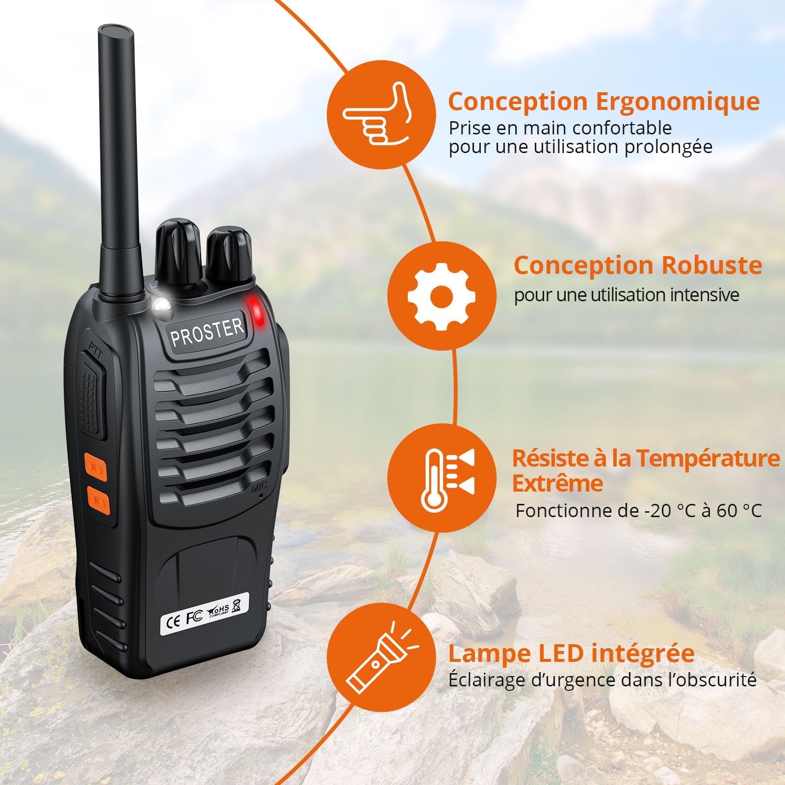 Proster Talkie Walkie Longue Portée Rechargeable avec Écouteurs （5PCS） | PMR446 Sans Licence, 16 Canaux, 1500mAh 10H Grande Autonomie, Portée Stable 1,5km, VOX Mains Libres et Lampe Torche
