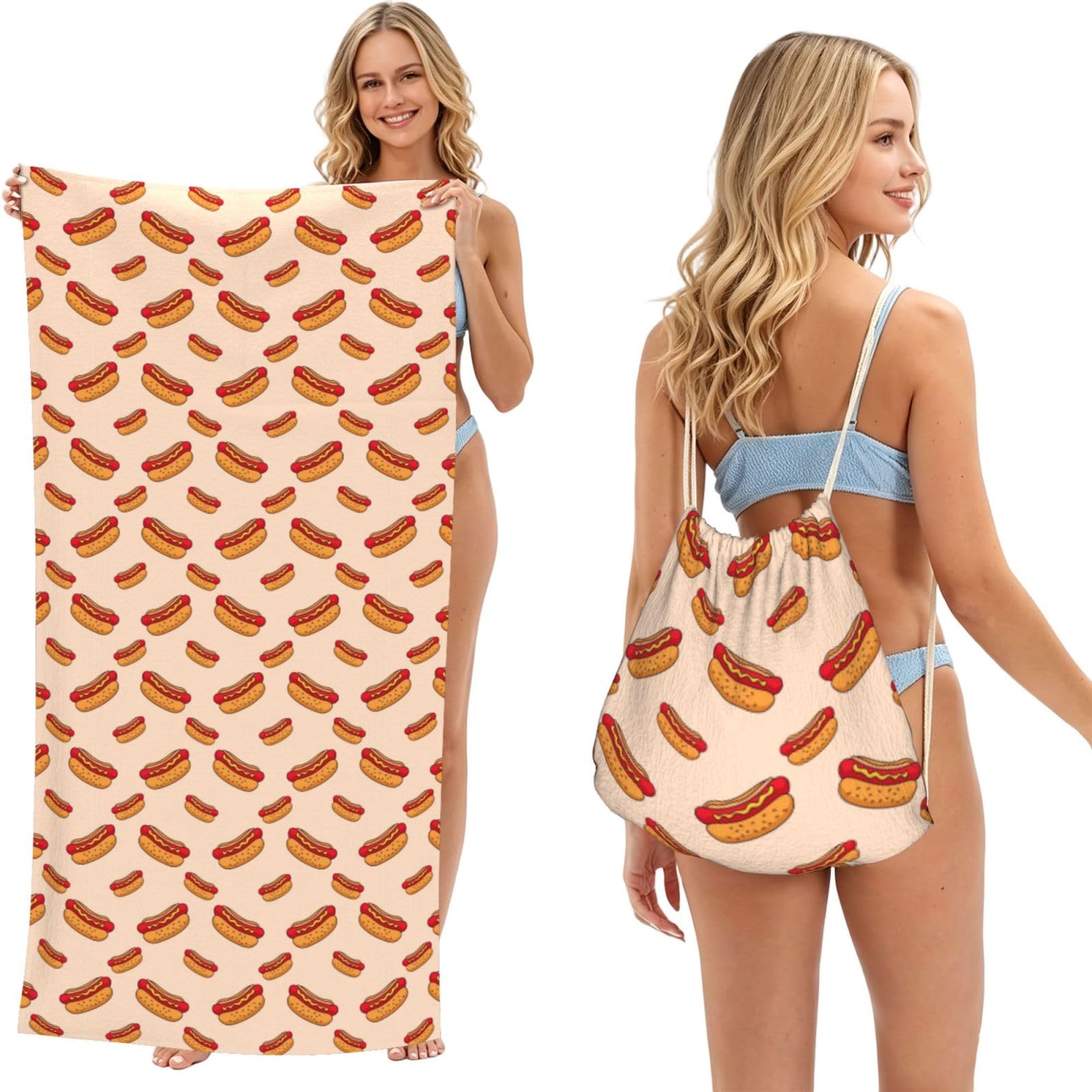 Noble Ren Delicious Hot Dogs 2 In 1 Packable Towel Bag Beach Backpack Unisex Suitable For Travel Picnic Vacation And Camping