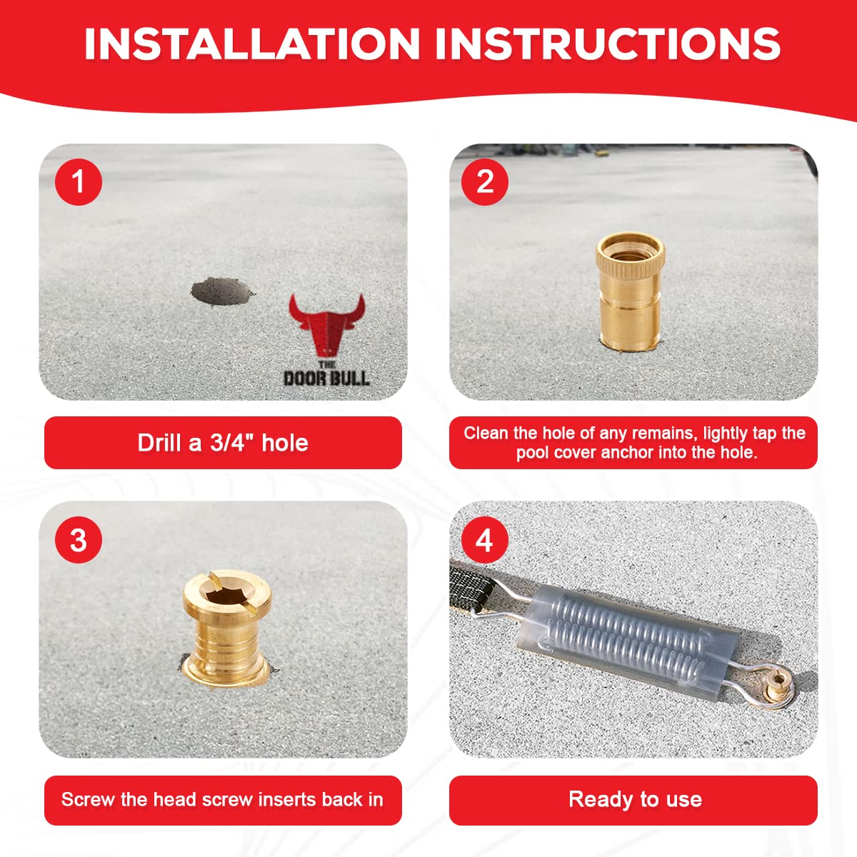 The Door Bull Poolabdeckungsanker aus Messing für Beton und Pflastersteine, Universalgröße, passend für 1,9 cm große Löcher, ideal für Sicherheitsabdeckungen für Innenpools, langlebig und einfach zu