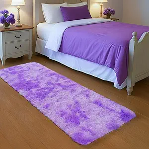 Zentavio Bedside Rugs for Girls Room 2x6 Runner Rugs for Hallway Bedroom Non Slip Fluffy Soft Shaggy Carpet for Kids Home Decor Aesthetic Dorm Nursery Tie-Dyed Purple