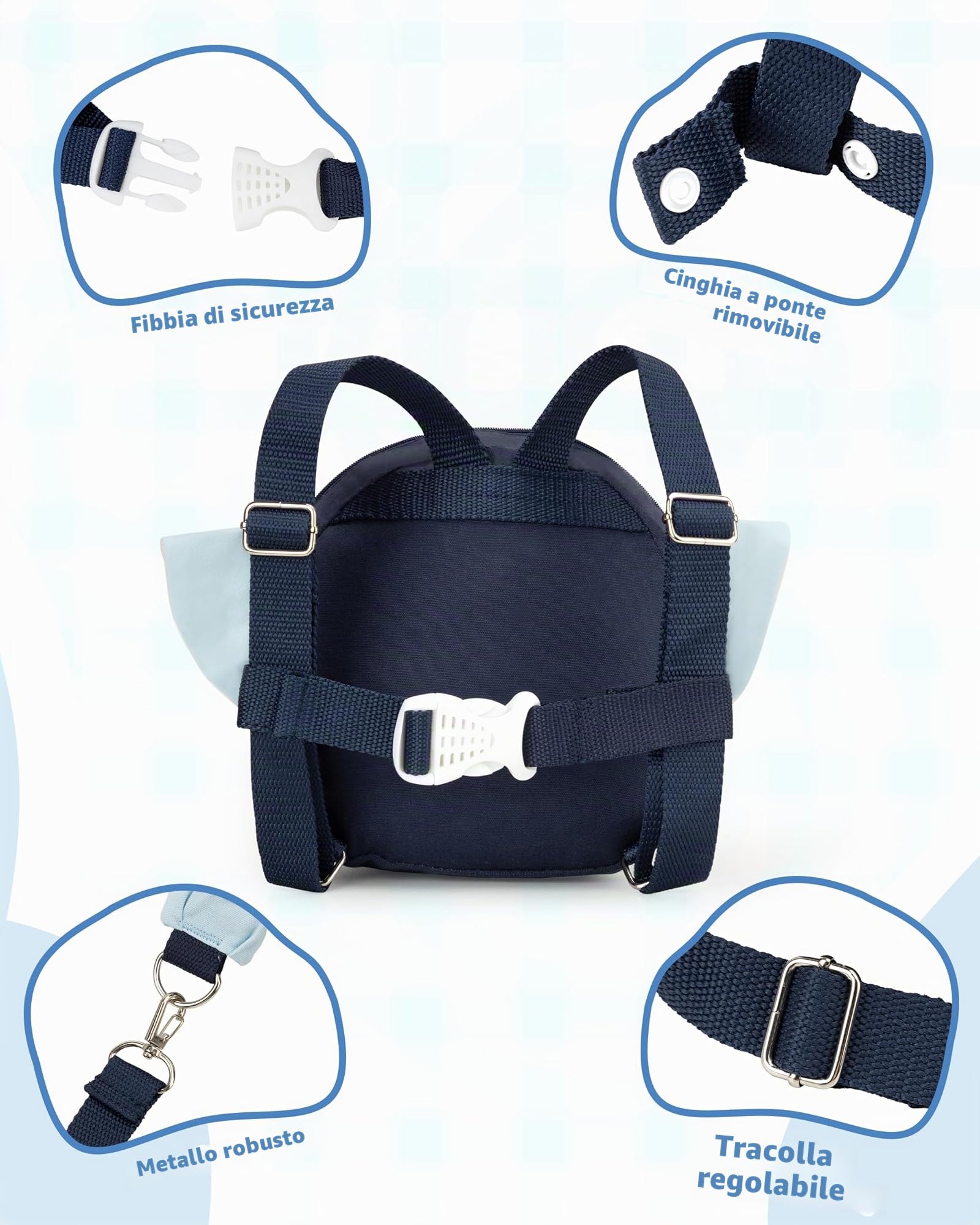 3 in 1 Regolabile Guinzaglio Zaino per Bambini con Guinzaglio Anti-smarrimento da Polso, Sicuro per 1-3 Anni, Blu