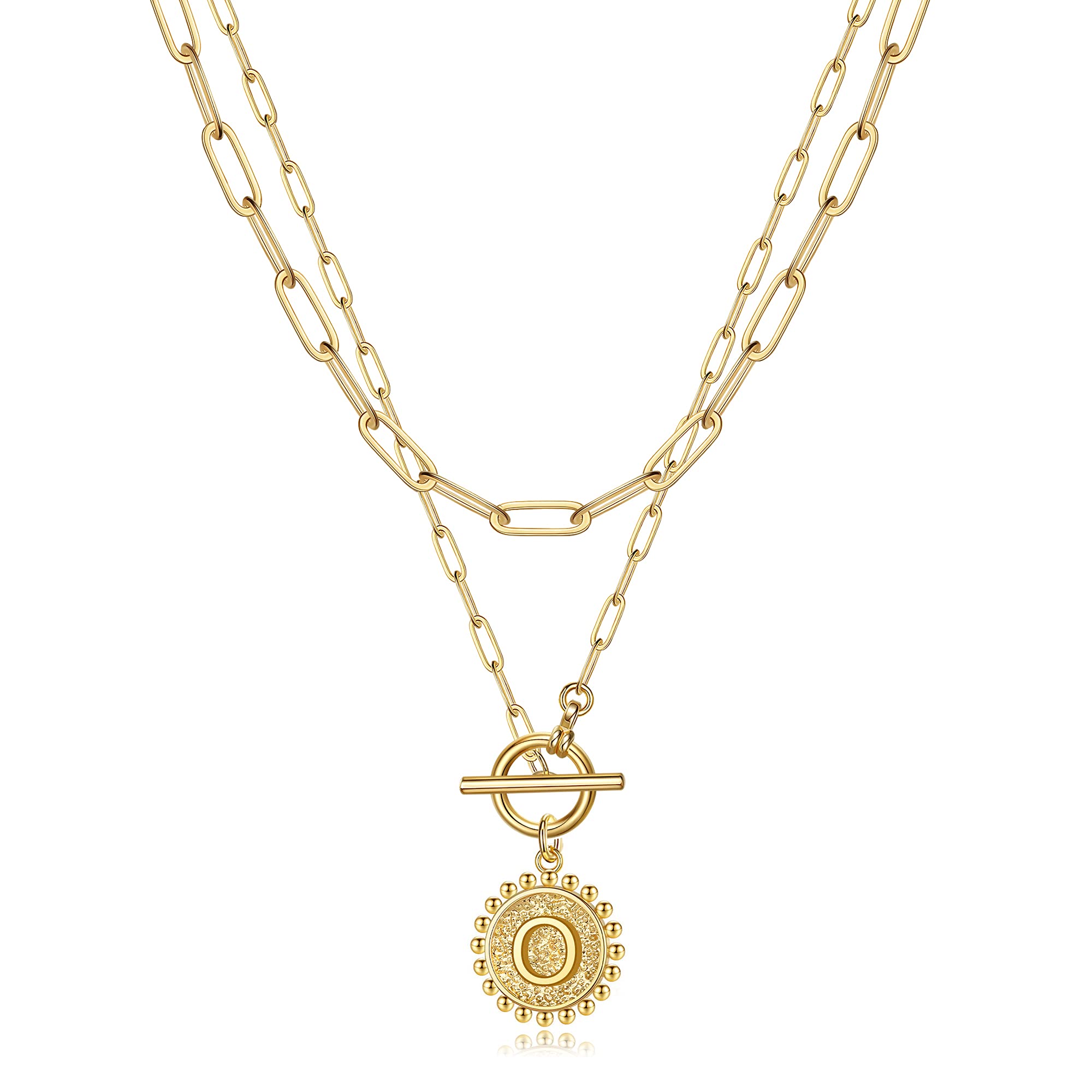 Gold Layered Initial Necklaces for Women, 14K Gold Plated Dainty Layering Paperclip Link Chain Necklace Personalized Toggle Clasp Coin Initial Pendant Layered Necklaces for Women Gold Jewelry
