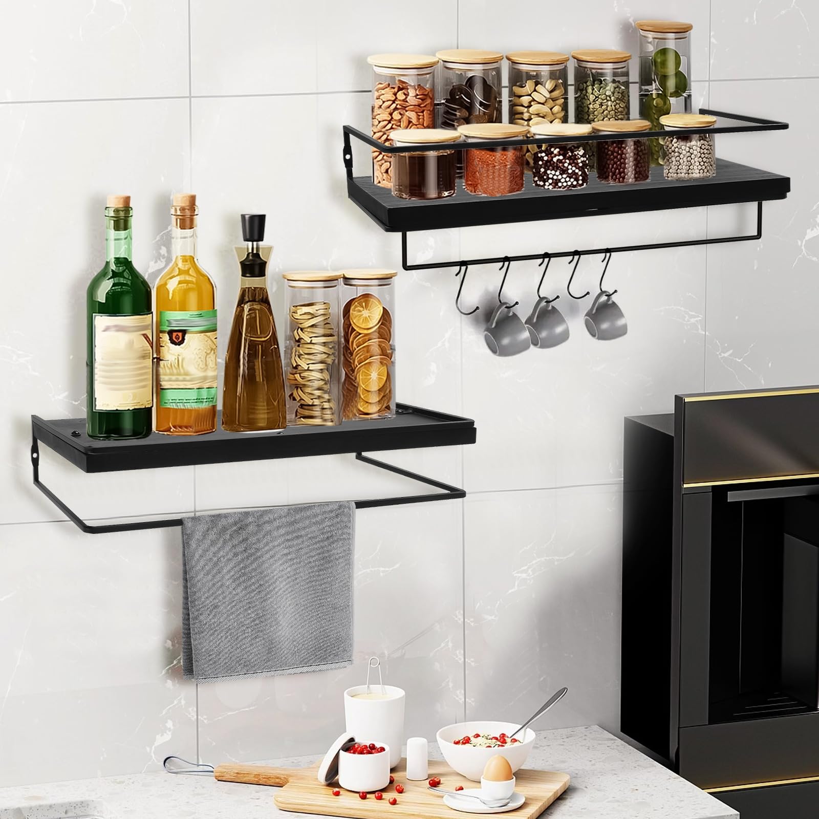 Qivine Lot de 2 Etagère Murale en Bois, Étagère Murale Bois avec Porte-Serviettes, 40 cm Etagere Murale Salle de Bain Flottante, pour Salon, Chambre d'enfant, Chambre à Coucher