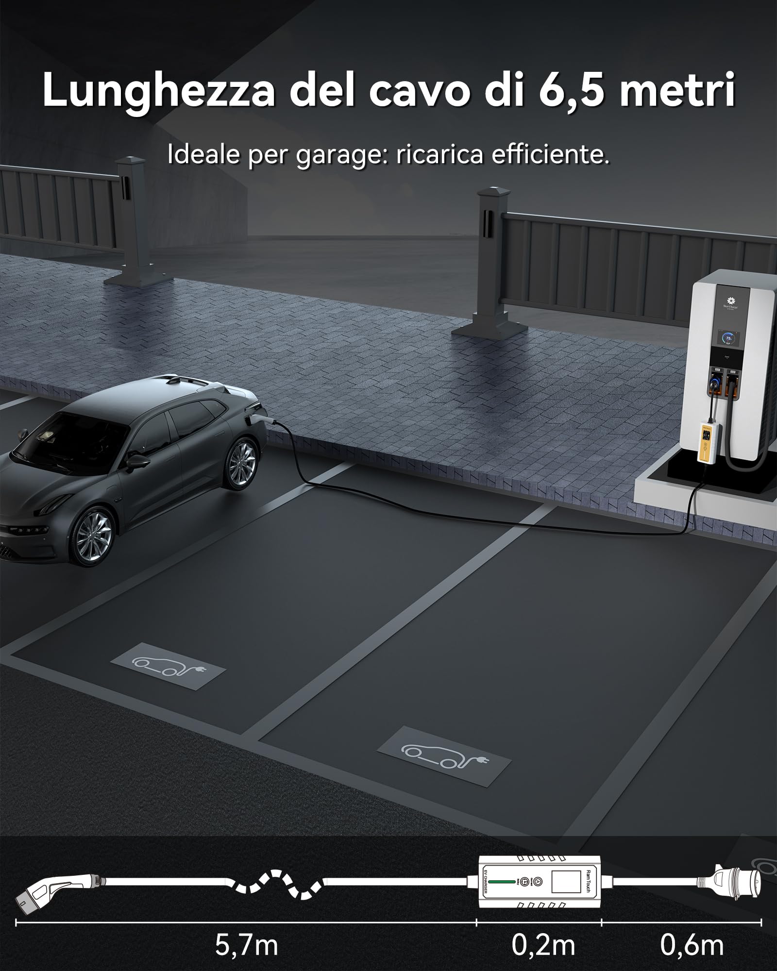 Caricabatteria da Auto Elettrico (7,4 KW, 6,5 m, Tipo 2, CEE P17 32A) - Cavo di Ricarica con amperaggio Regolabile 6A-32A, Ricarica ritardata e Programmata, terminale di Ricarica Mobile per