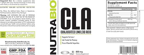 Miniatura 3 de NutraBio Suplemento de ácido linoleico conjugado CLA, 800mg - 90 cápsulas blandas