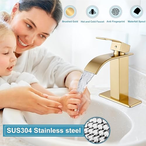 Miniatura 7 de Midanya Grifo de lavabo de baño de oro cepillado, boquilla de cascada, mango único, 1 agujero, montaje en cubierta, grifo mezclador de lavabo